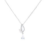 Silver necklace with a leaf and teardrop pendant on a white background