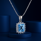 Aqua Princess Cut Halo Chain Pendant