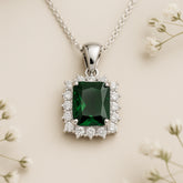 Emerald Princess Cut Halo Chain Pendant