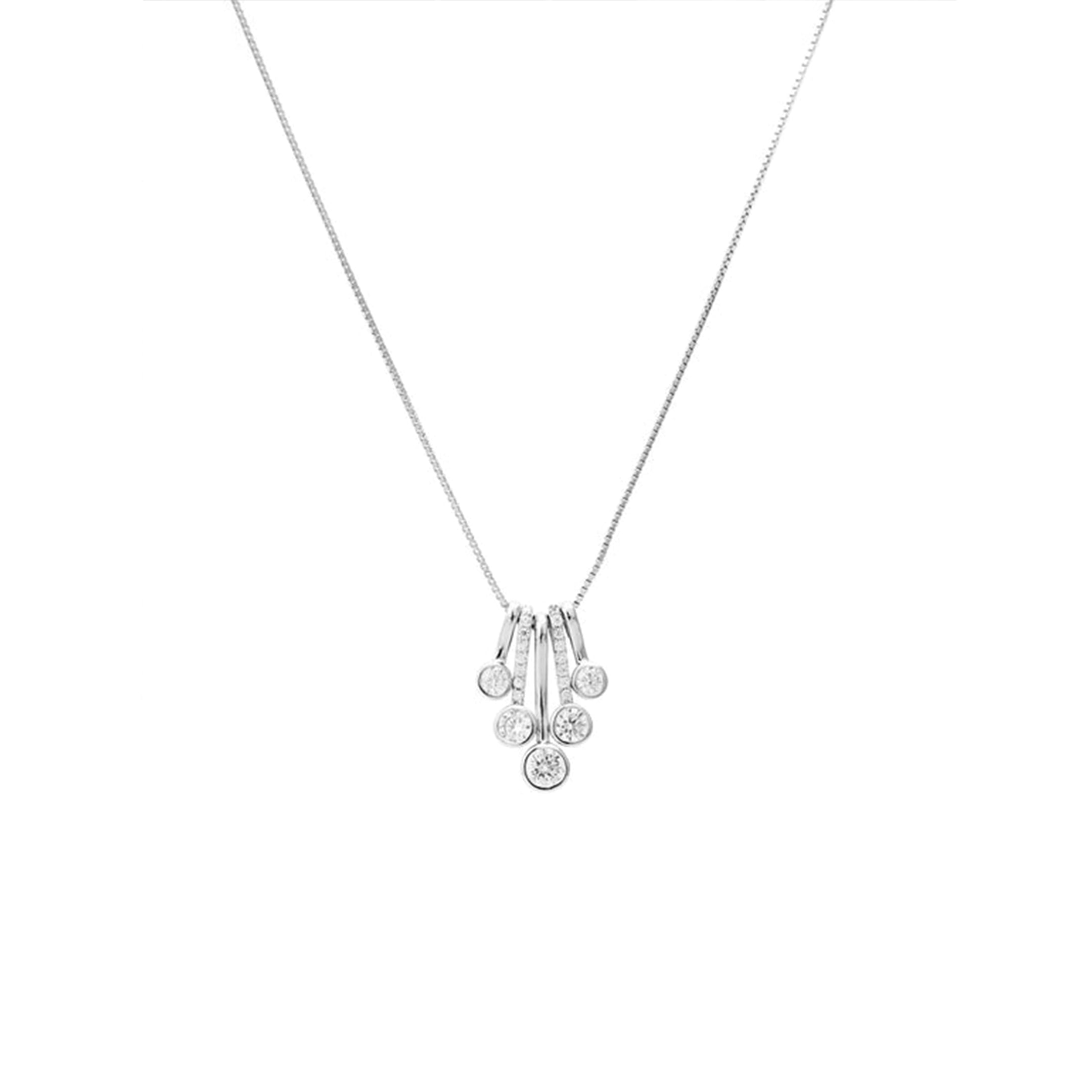 Silver necklace with three dangling charms on a white background