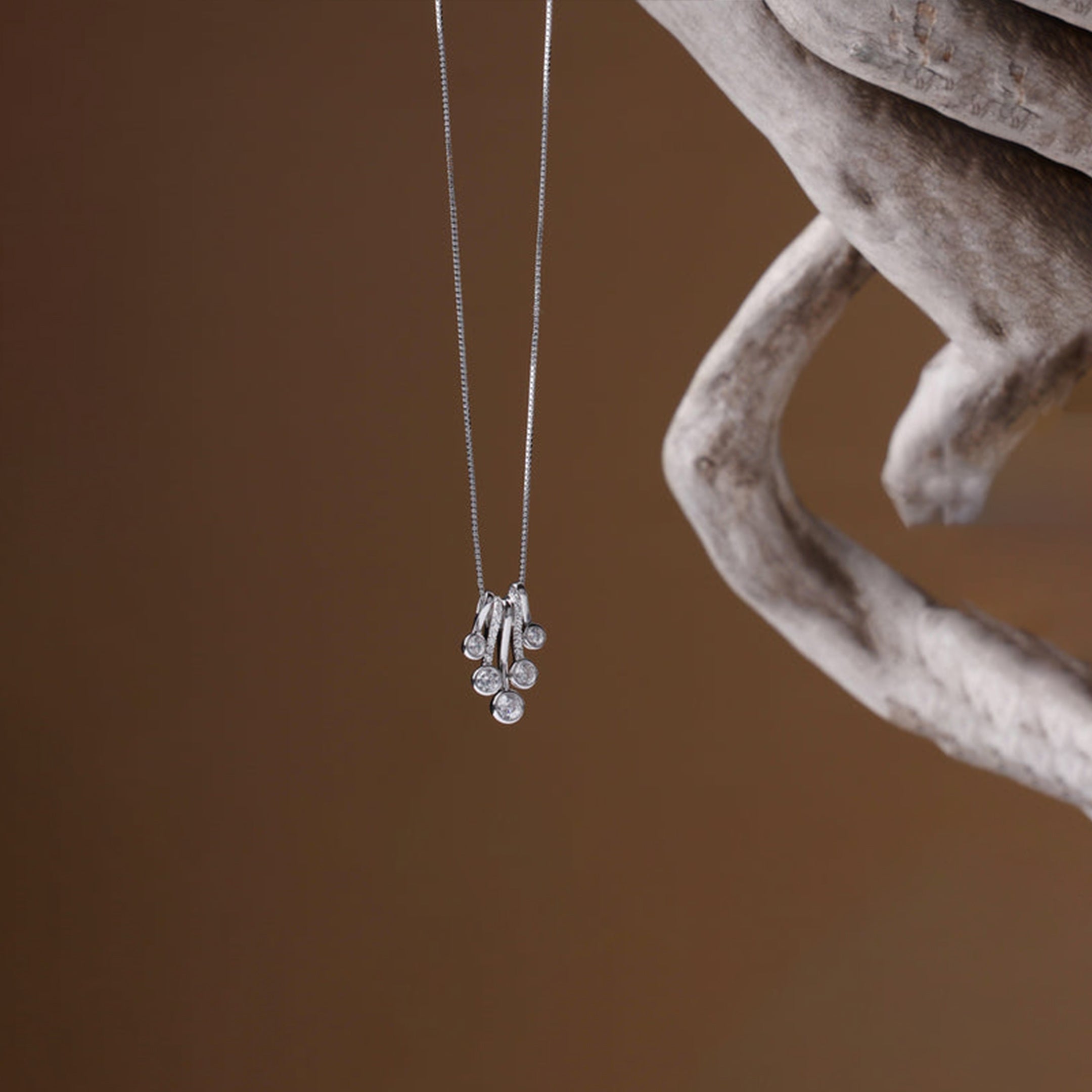 Silver necklace with a pendant on a brown background