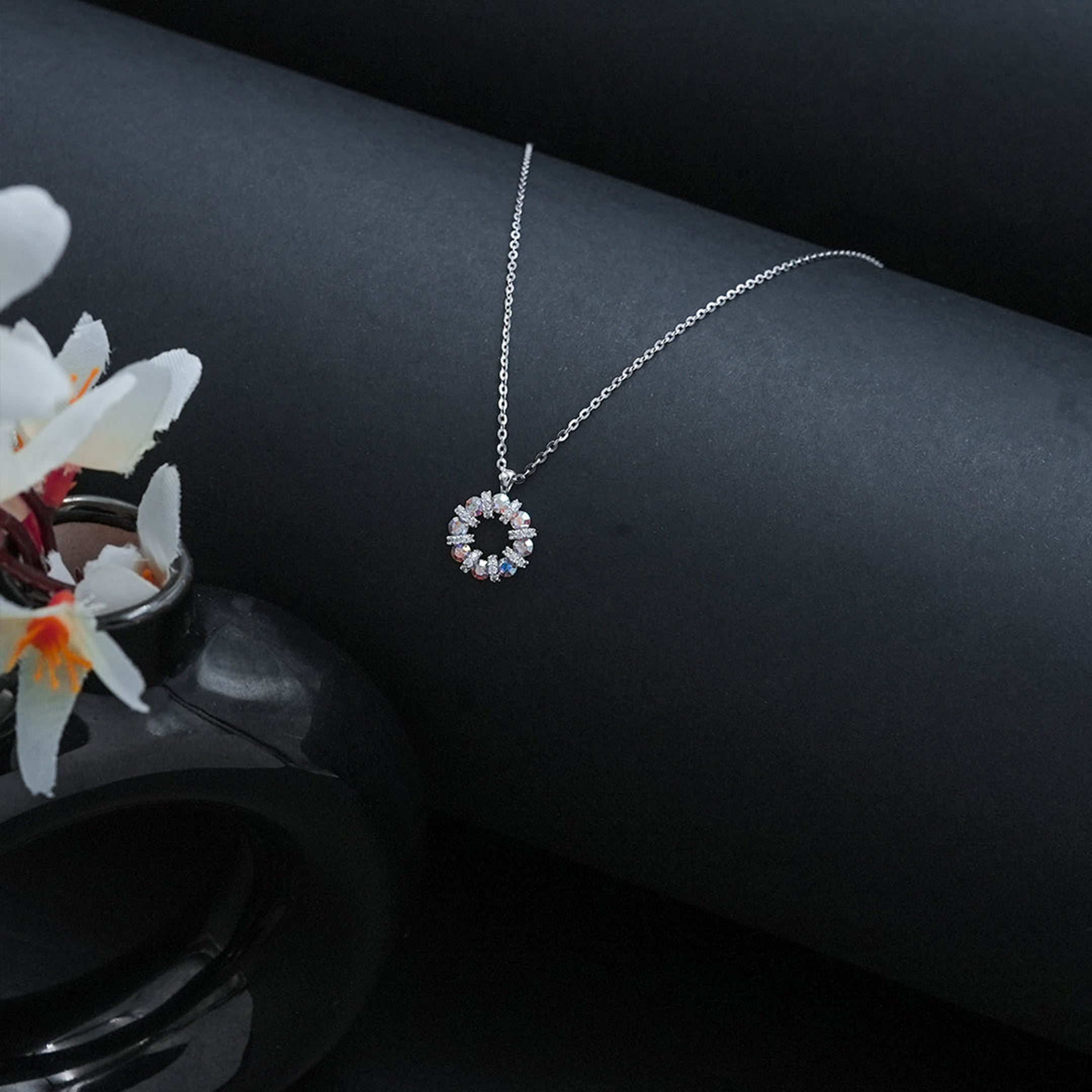 Circle 925 Silver Chain Pendant with Aurora CZ and Micro CZ Accents