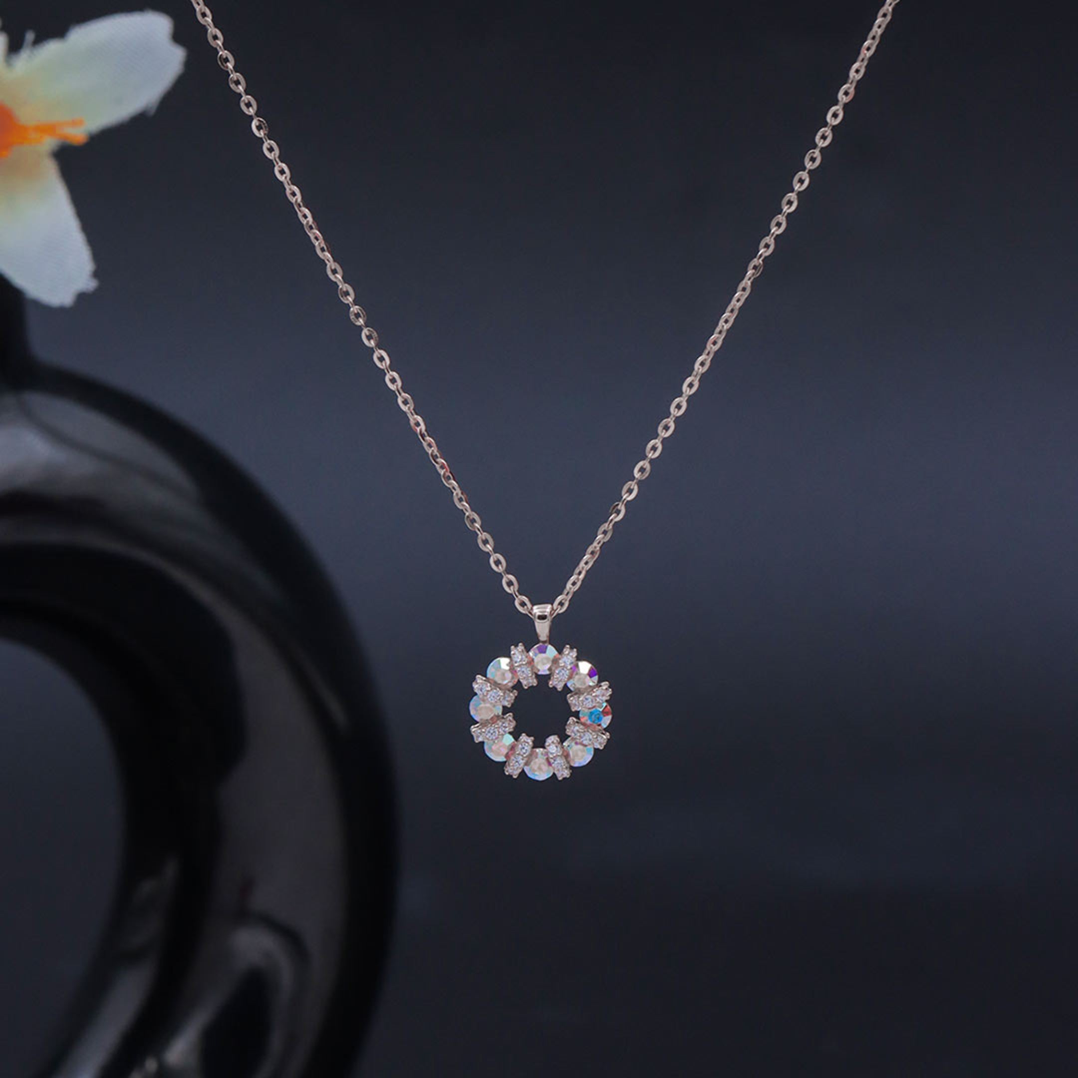 Circle 925 Silver Chain Pendant with Aurora CZ and Micro CZ Accents