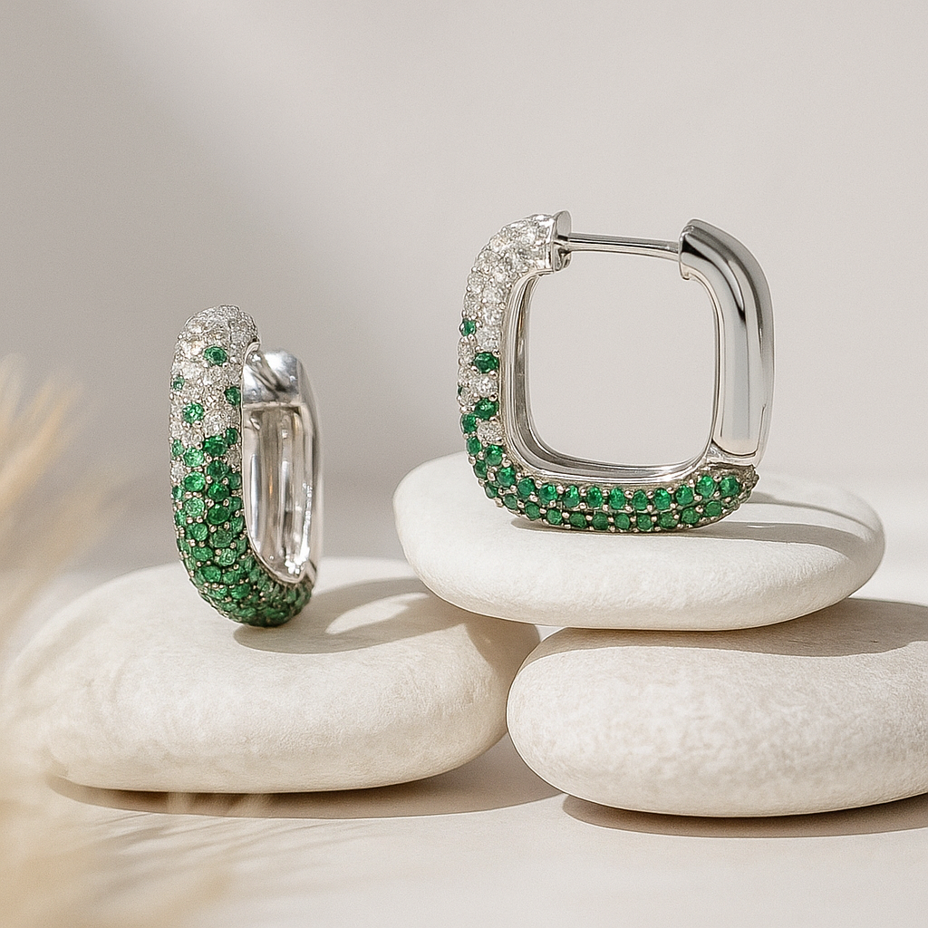 Emerald Pavé Huggie Square Hoop Earrings
