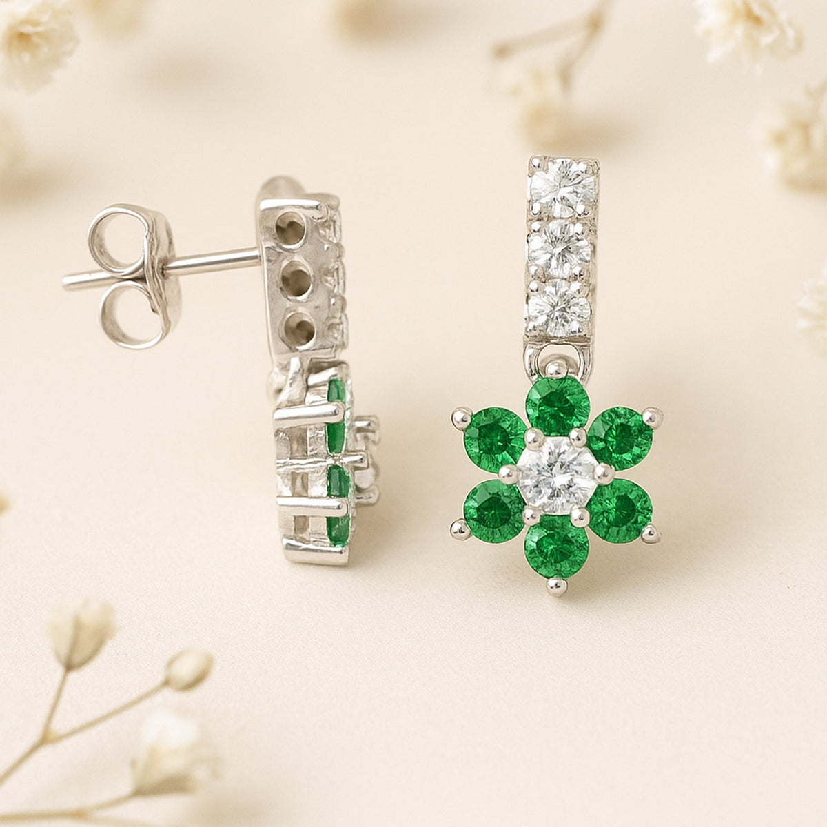 Emerald Flower Cluster Drop Earrings