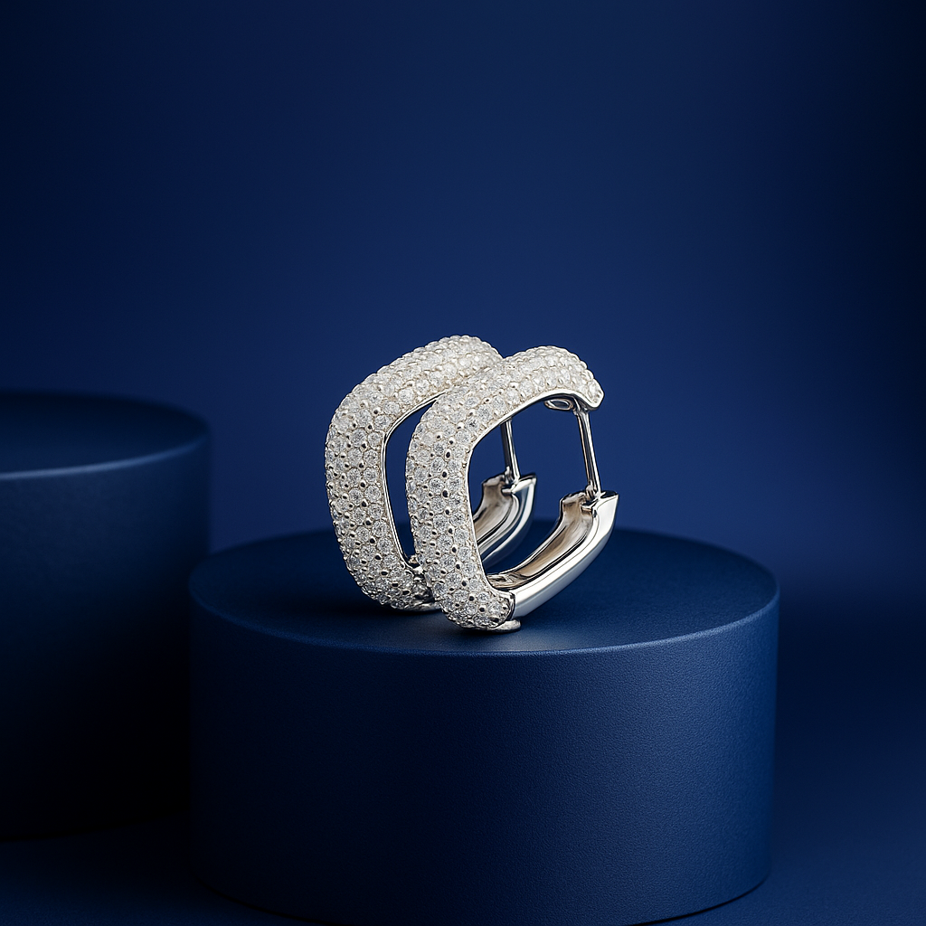 White Pavé Huggie Square Hoop Earrings