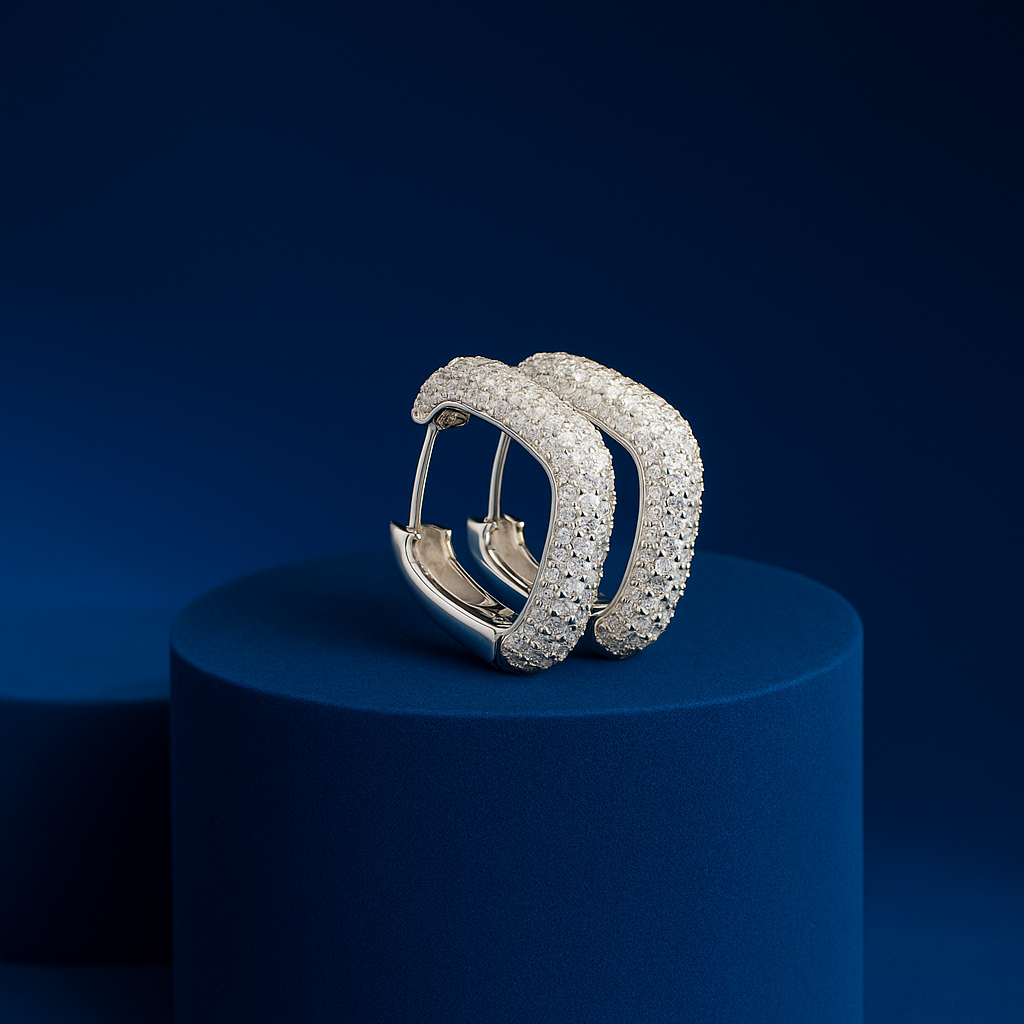 White Pavé Huggie Square Hoop Earrings