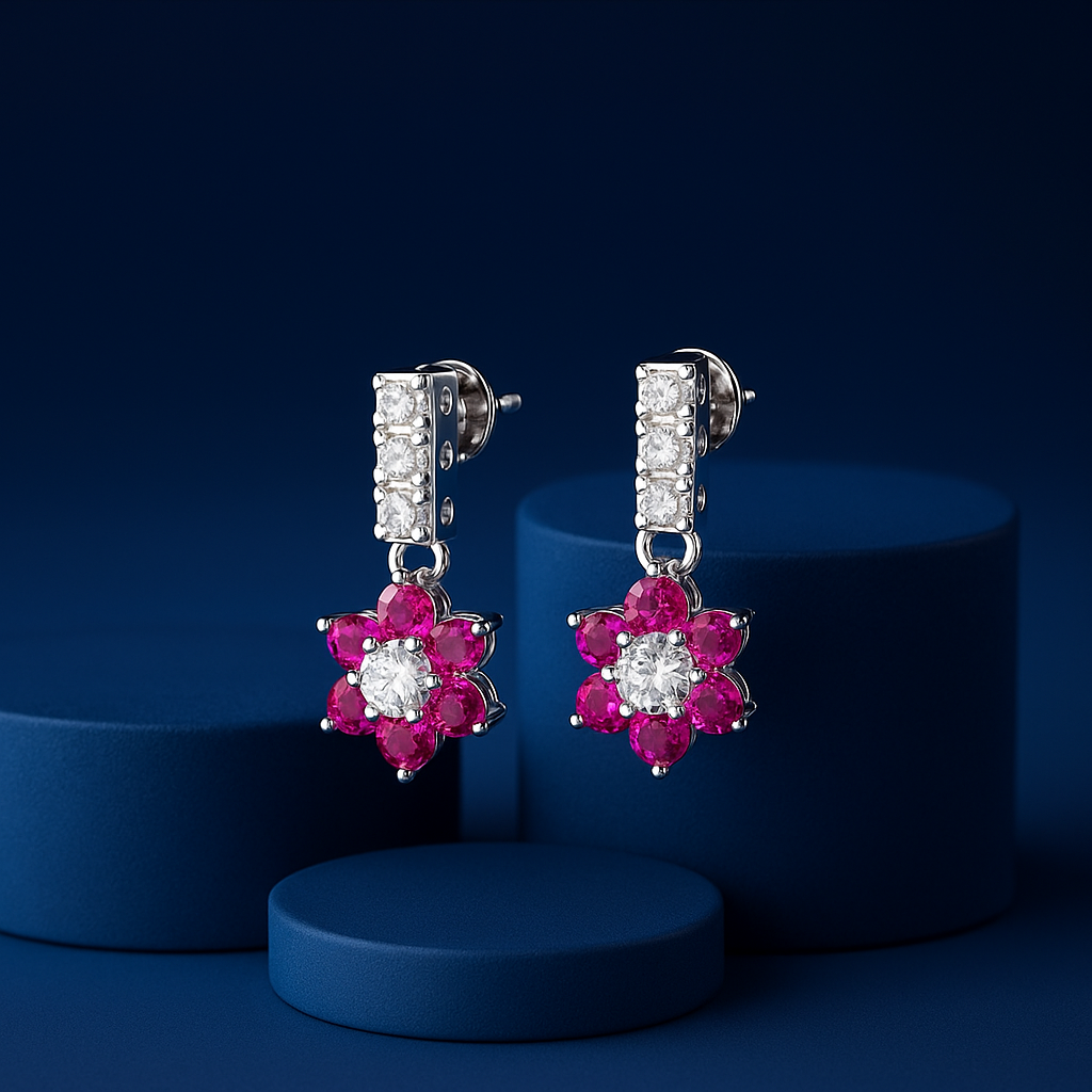 Ruby Flower Cluster Drop Earrings