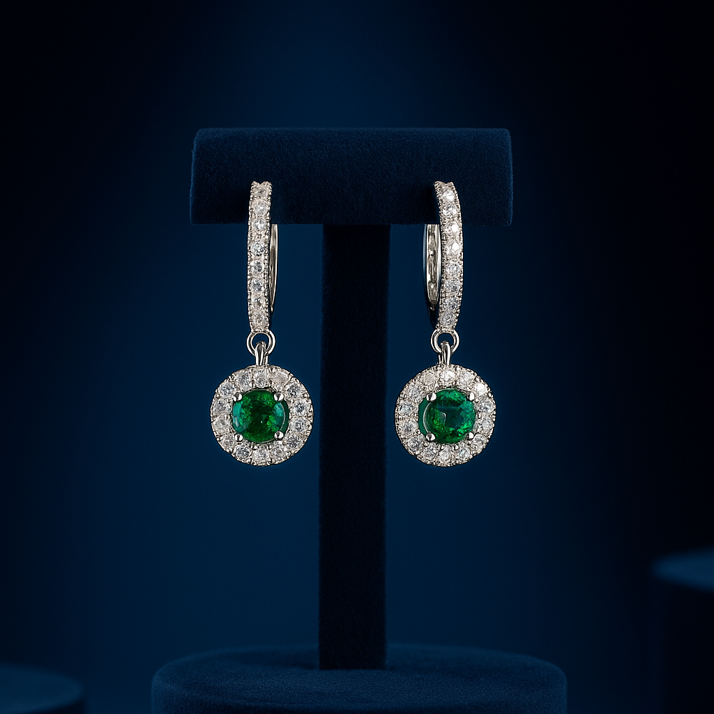 Pair of earrings with green gemstones on a dark background