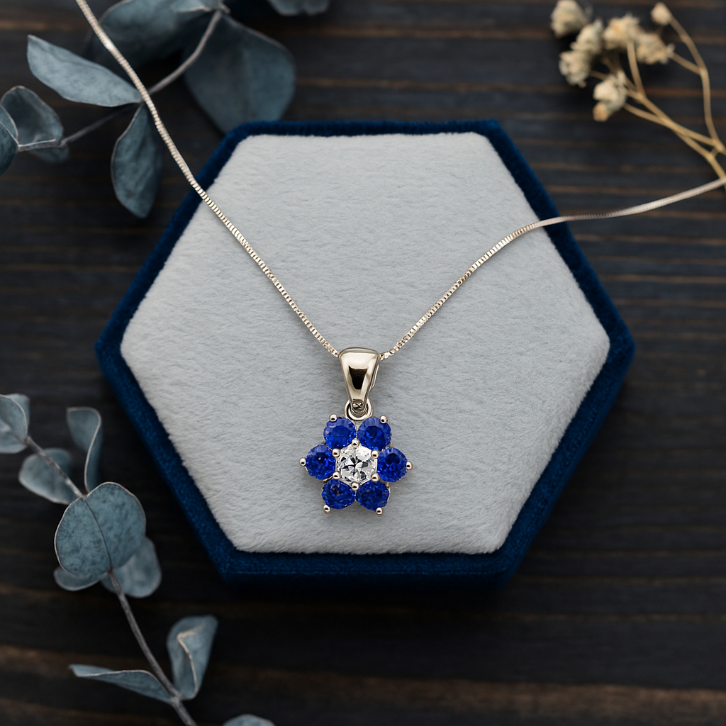 Gold necklace with a blue flower pendant on a hexagonal jewelry box