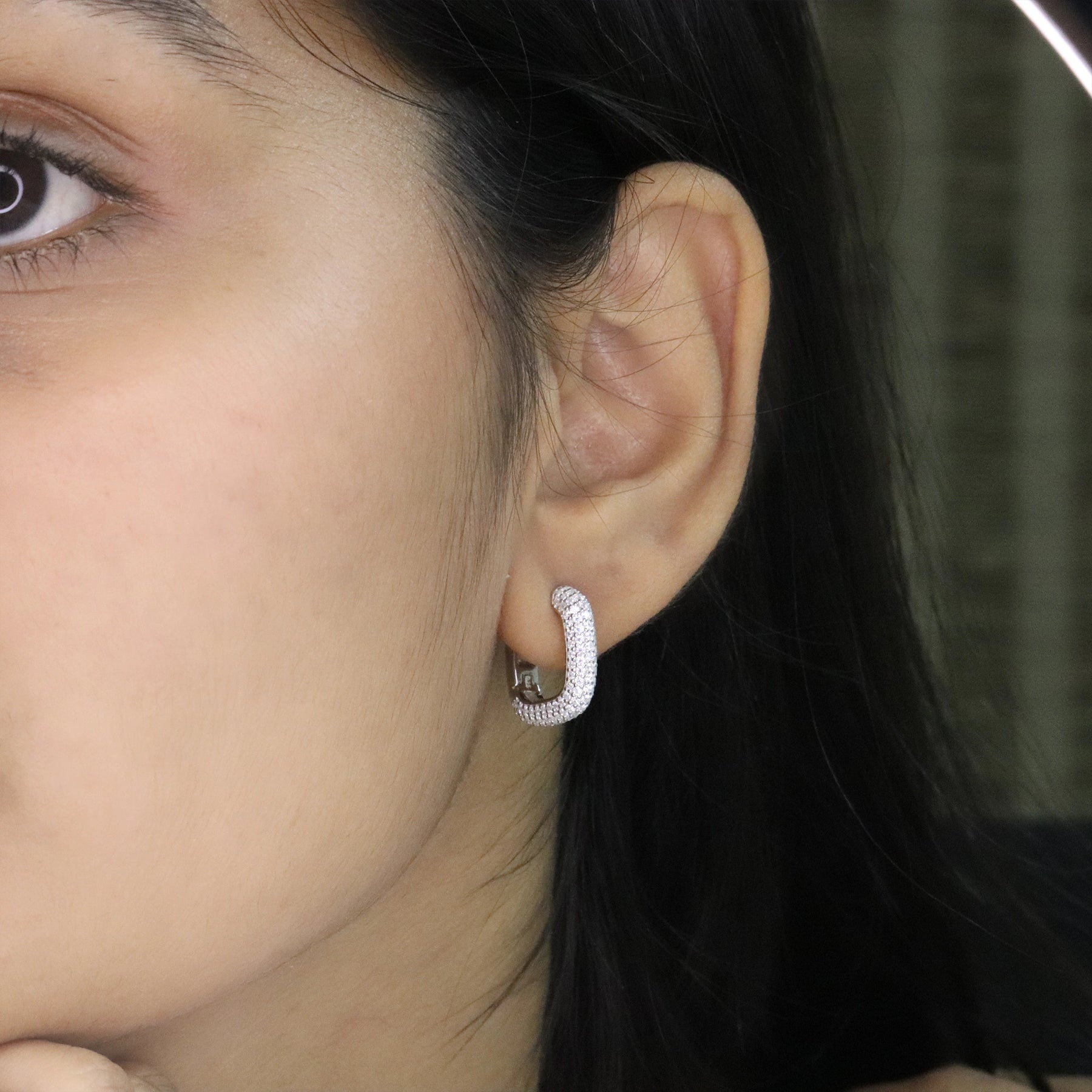 White Pavé Huggie Square Hoop Earrings