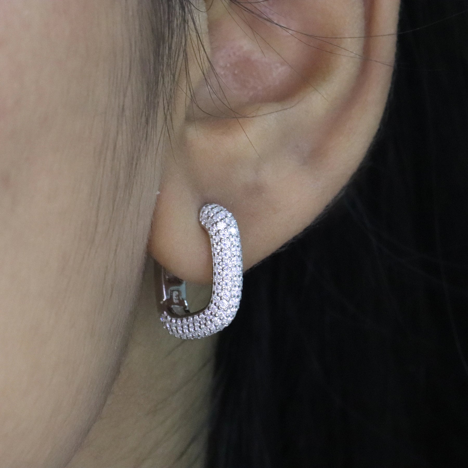 White Pavé Huggie Square Hoop Earrings