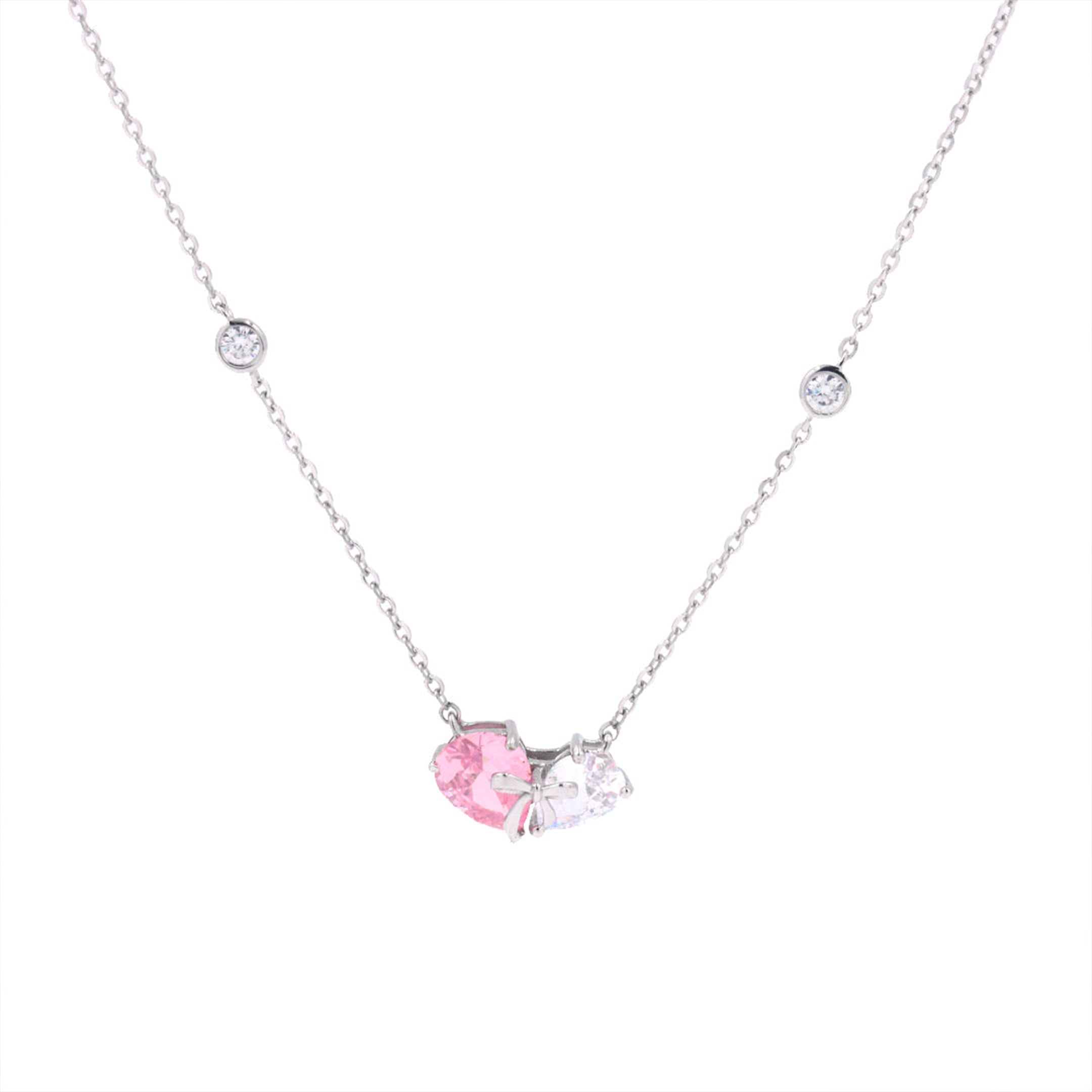 Necklace with a pink heart-shaped pendant on a white background