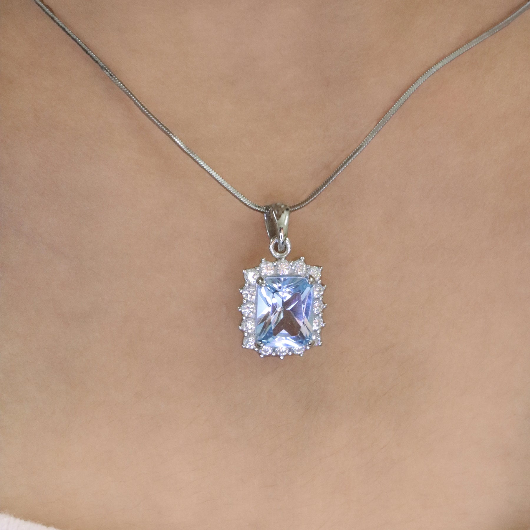 Aqua Princess Cut Halo Pendant