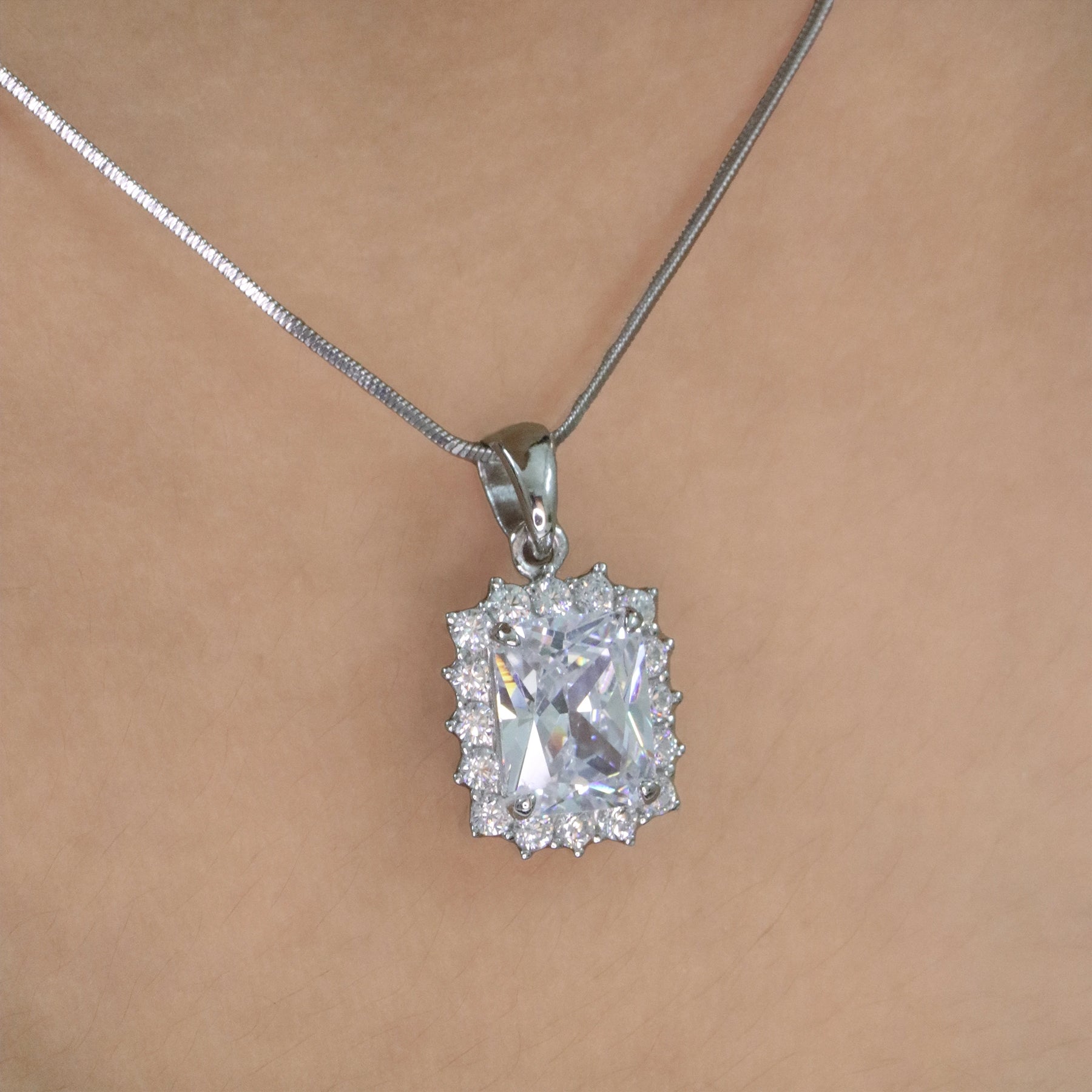White Princess Cut Halo Pendant