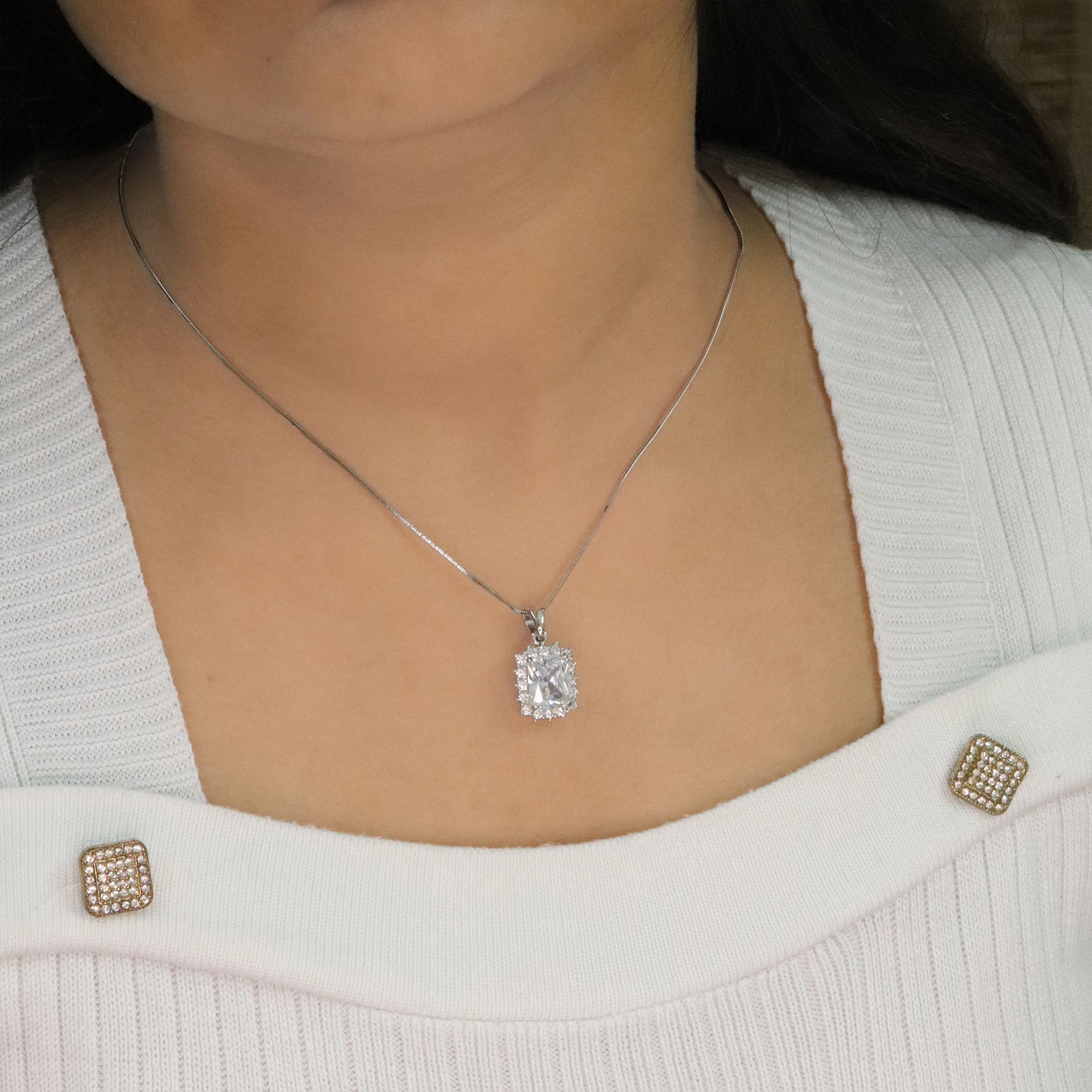 White Princess Cut Halo Pendant