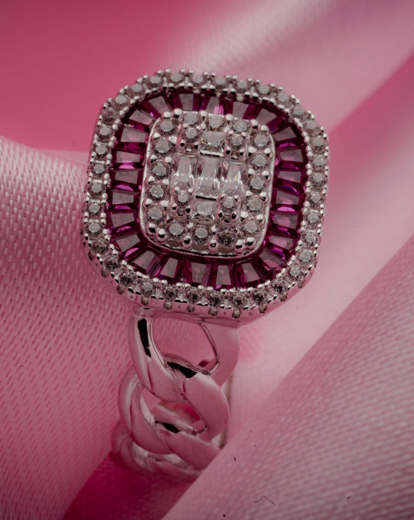 Red Baguette Halo Cocktail Ring