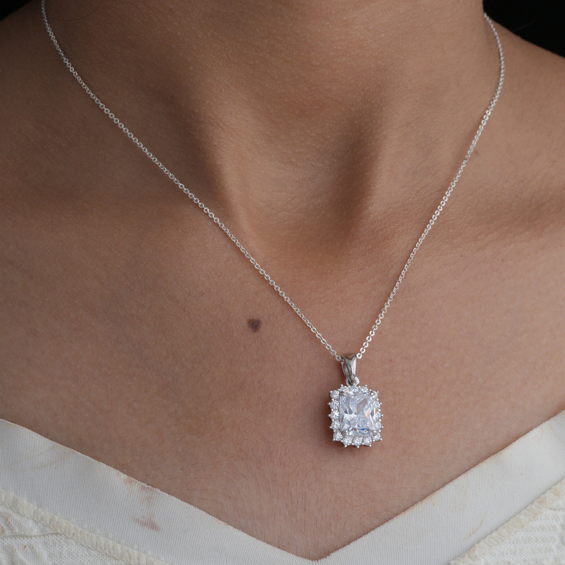 White Princess Cut Halo Pendant