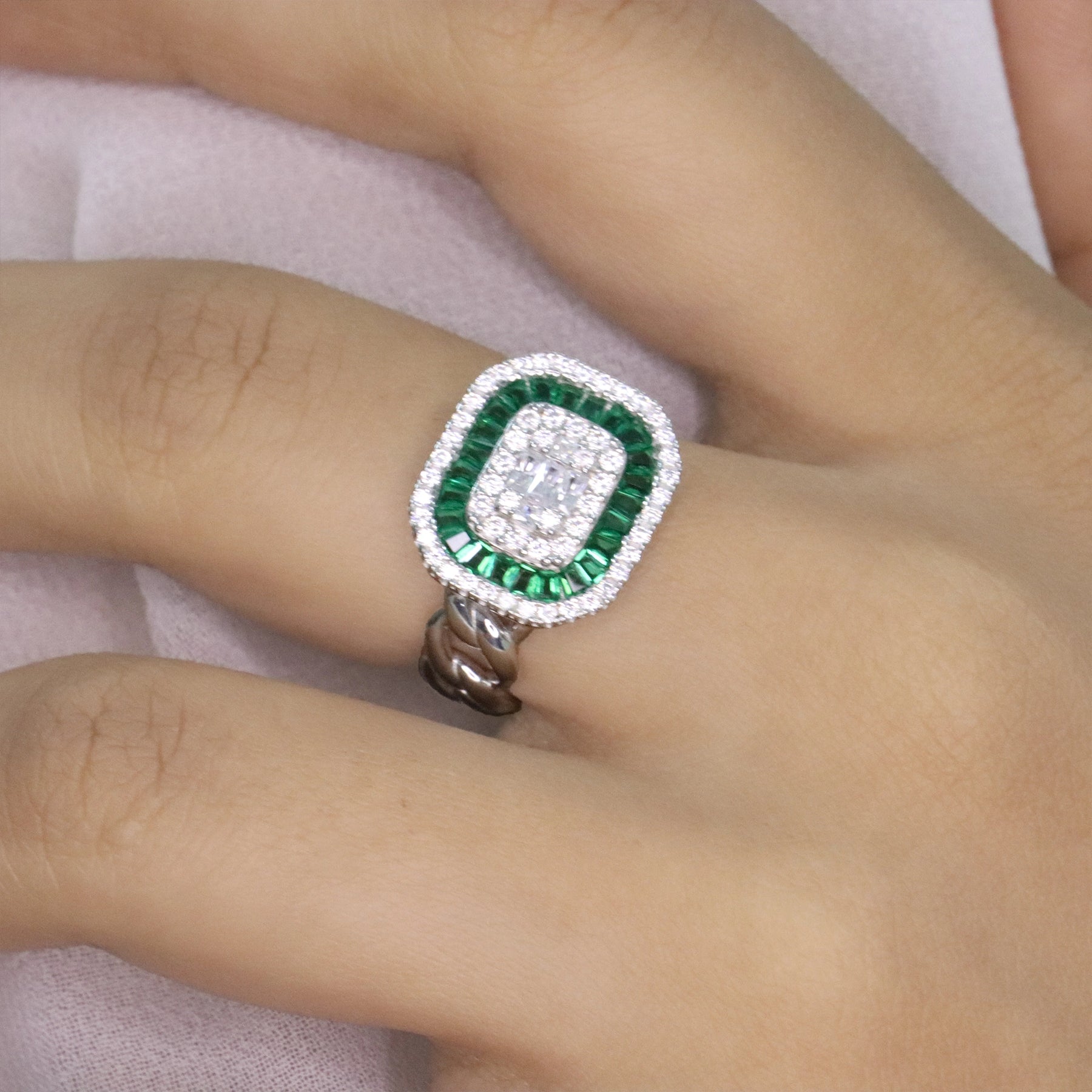 Emerald Baguette Halo Cocktail Ring