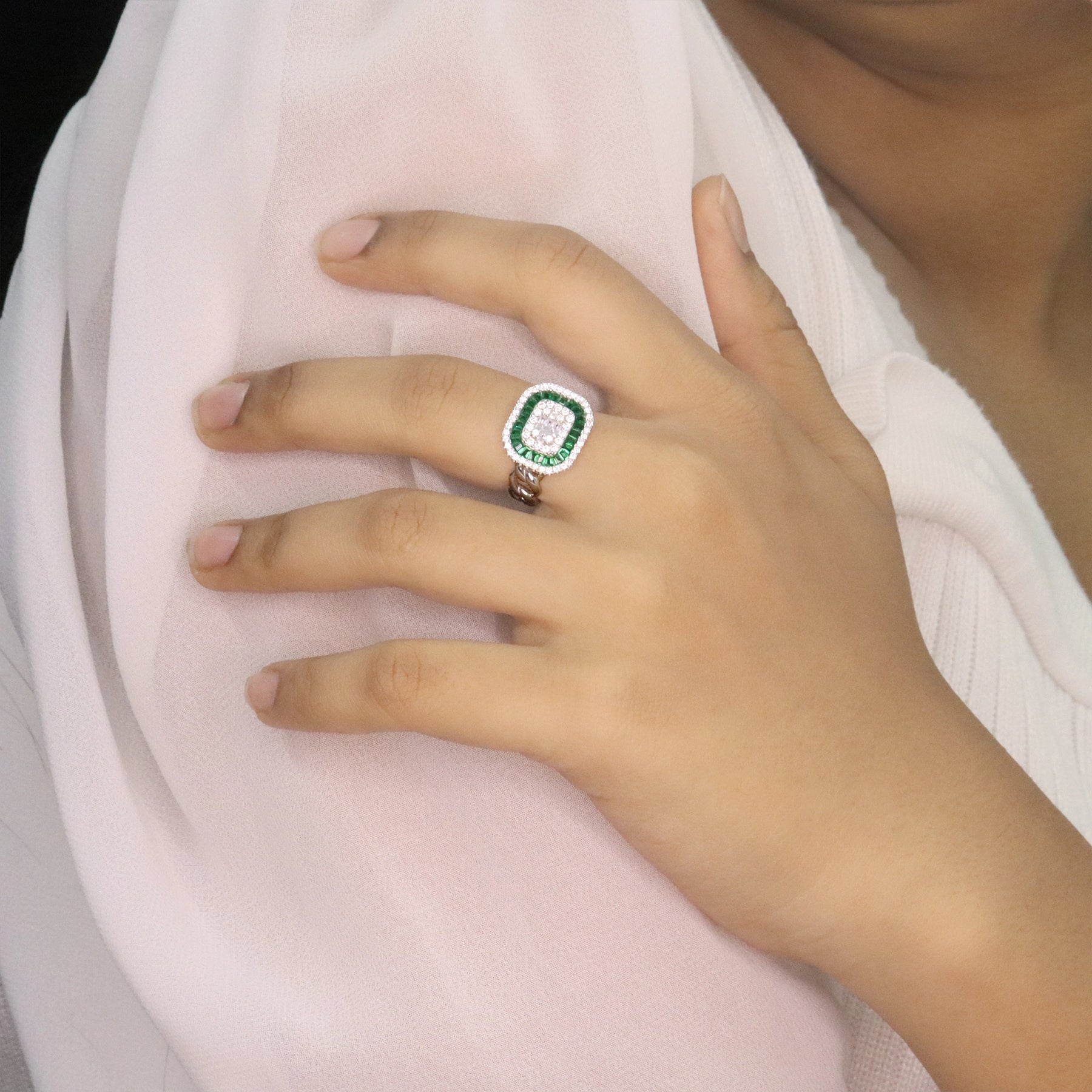 Emerald Baguette Halo Cocktail Ring
