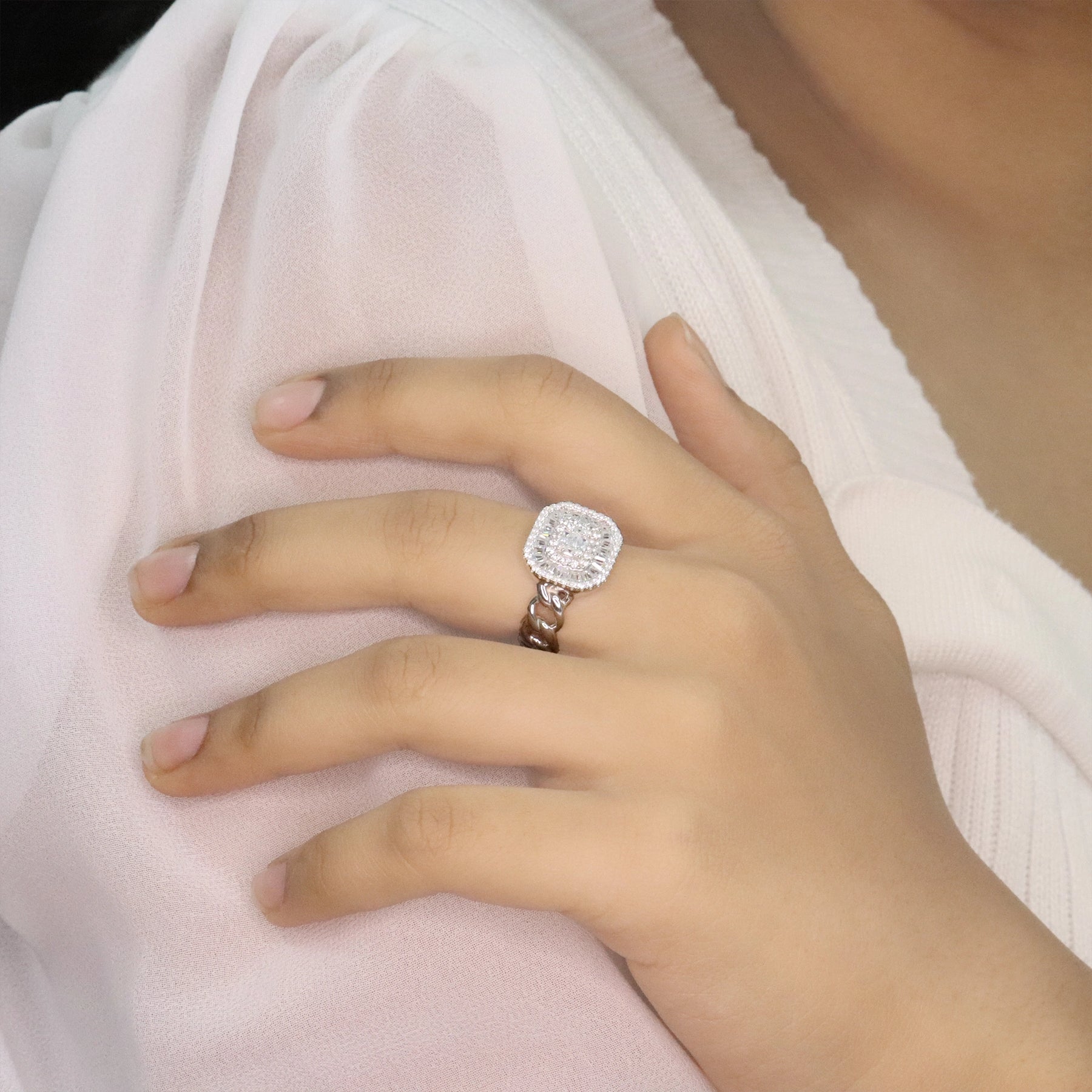 White Baguette Halo Cocktail Ring