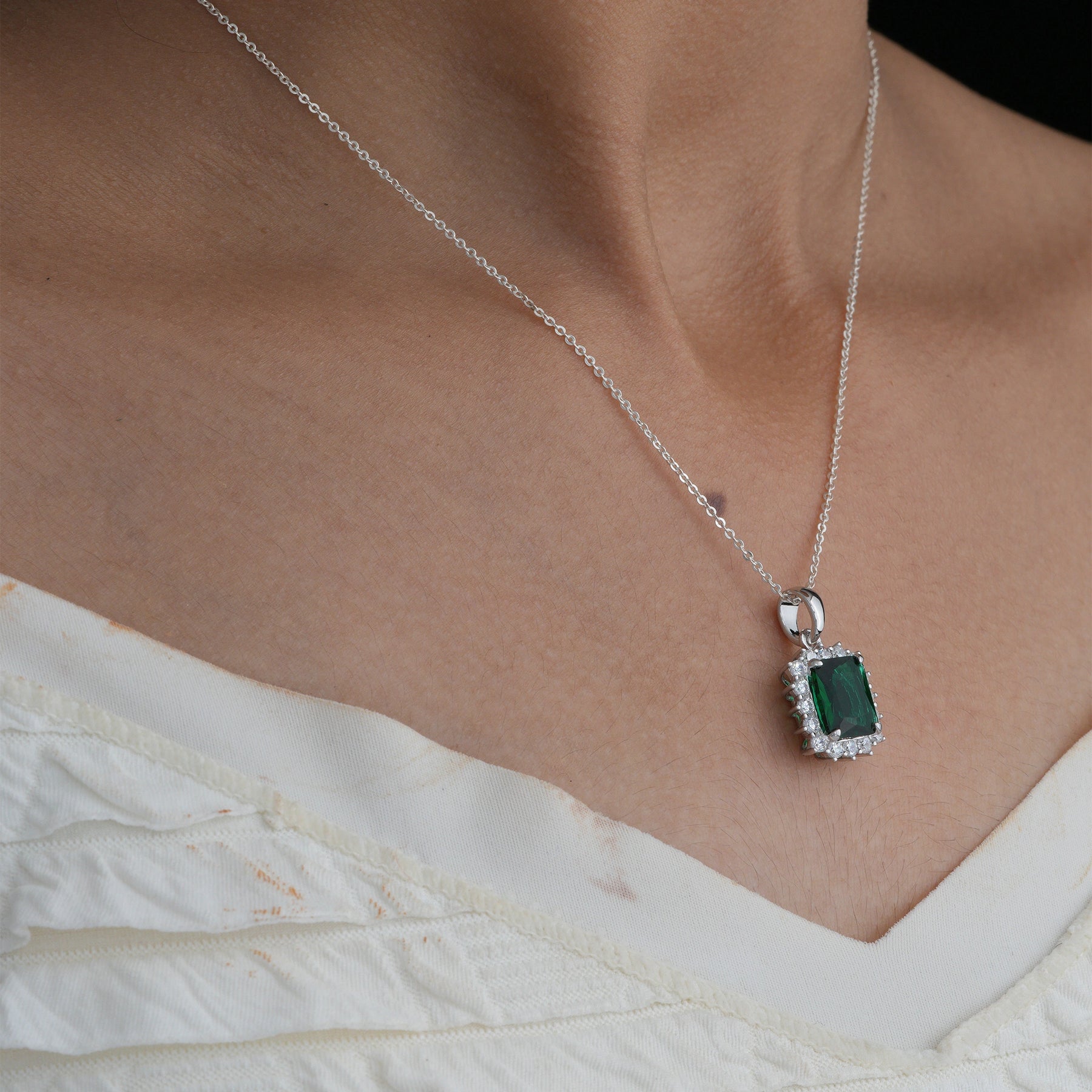 Emerald Princess Cut Halo Pendant