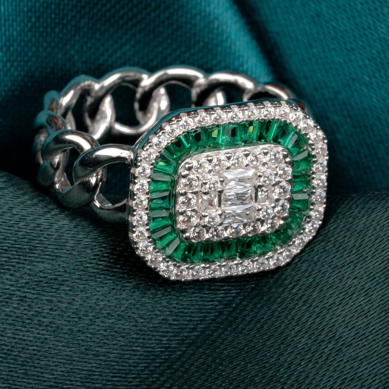 Emerald Baguette Halo Cocktail Ring