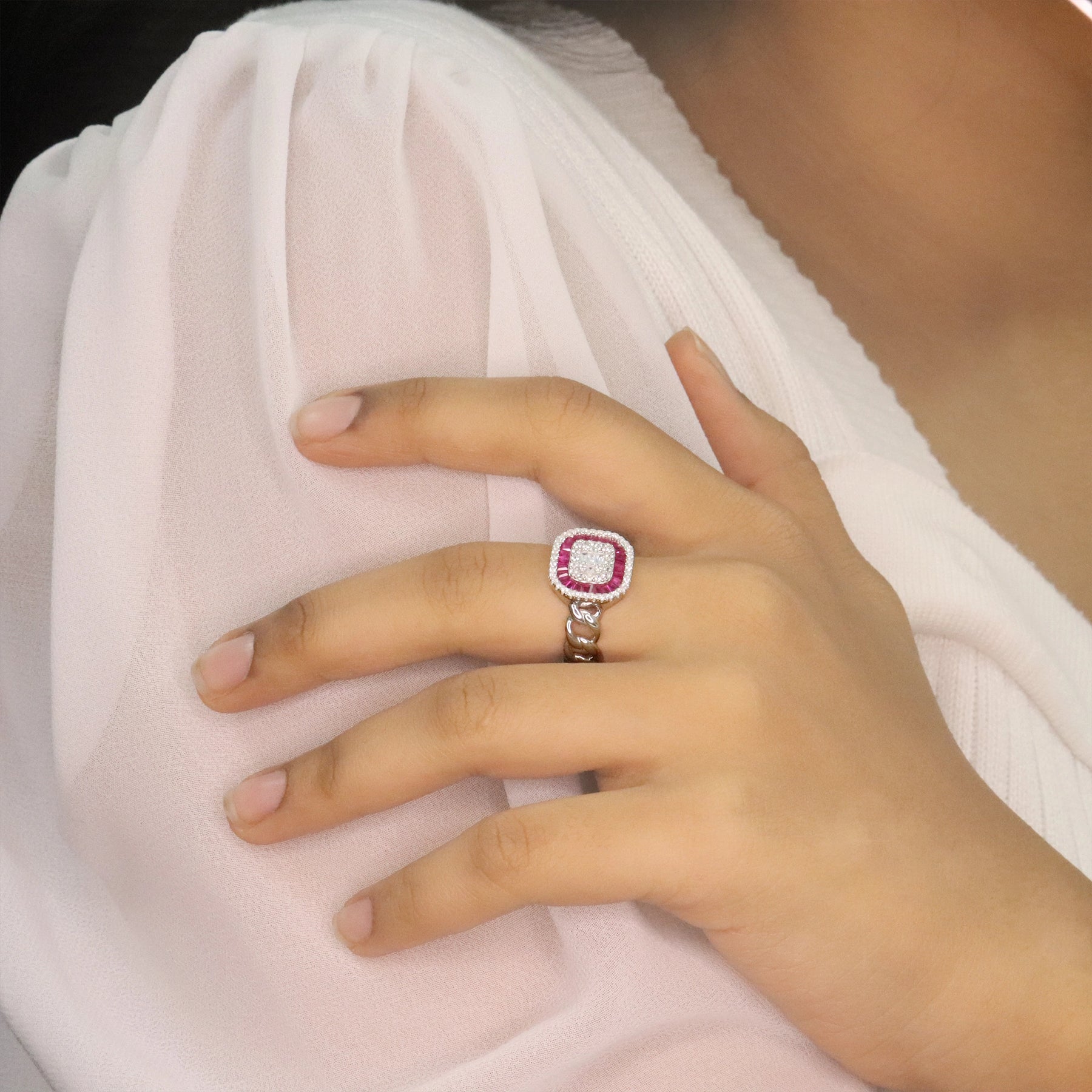 Red Baguette Halo Cocktail Ring