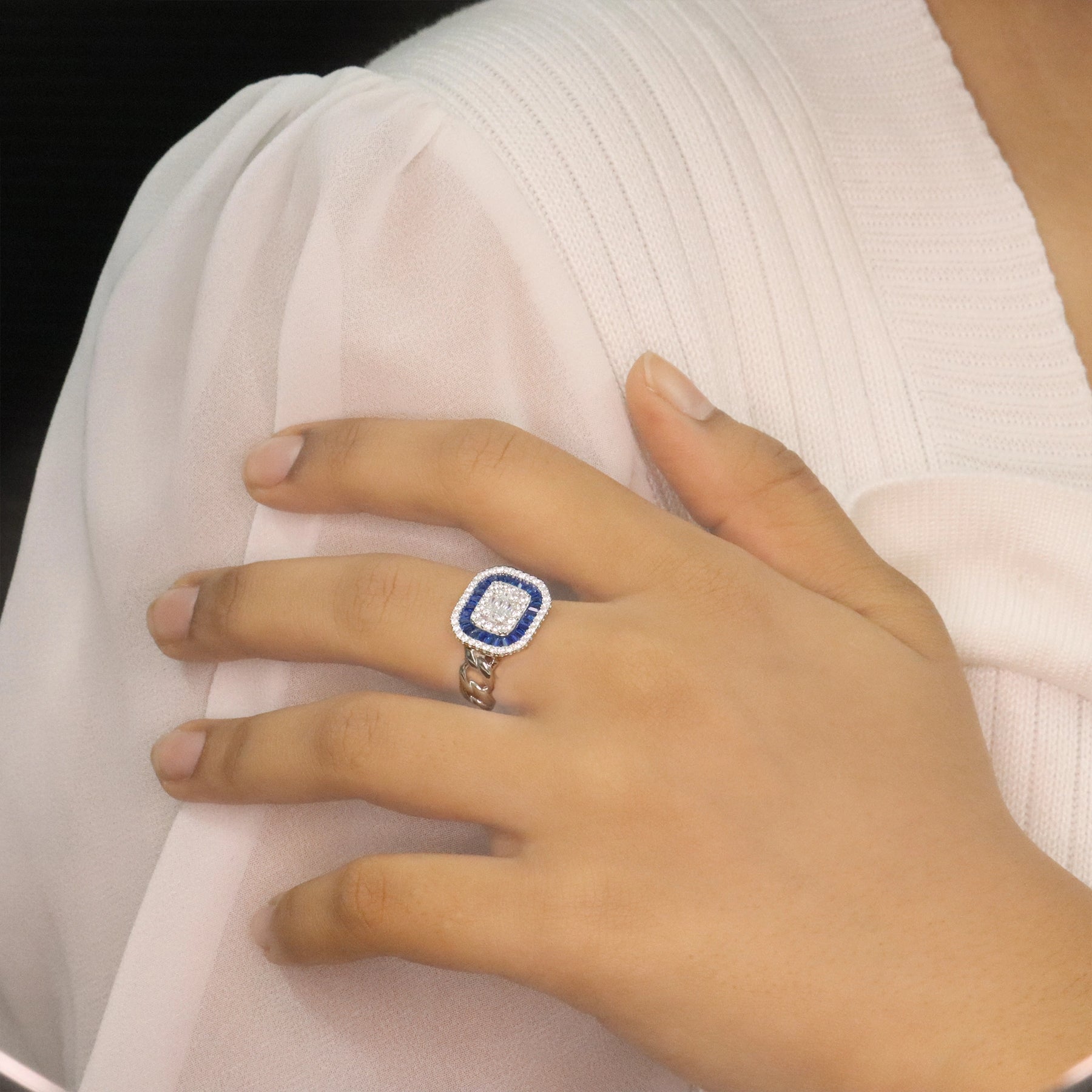 Sapphire Baguette Halo Cocktail Ring