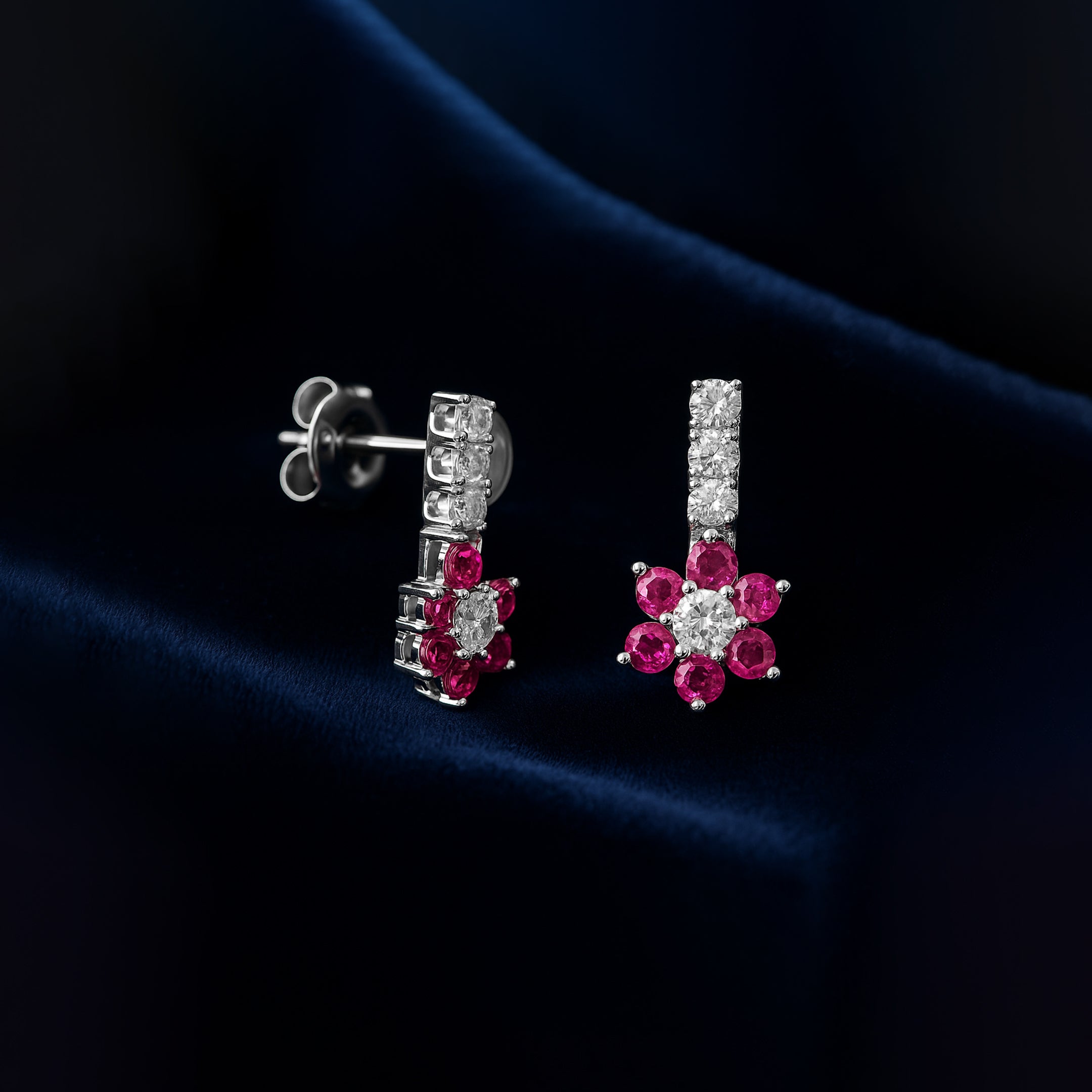 Ruby Flower Cluster Drop Earrings