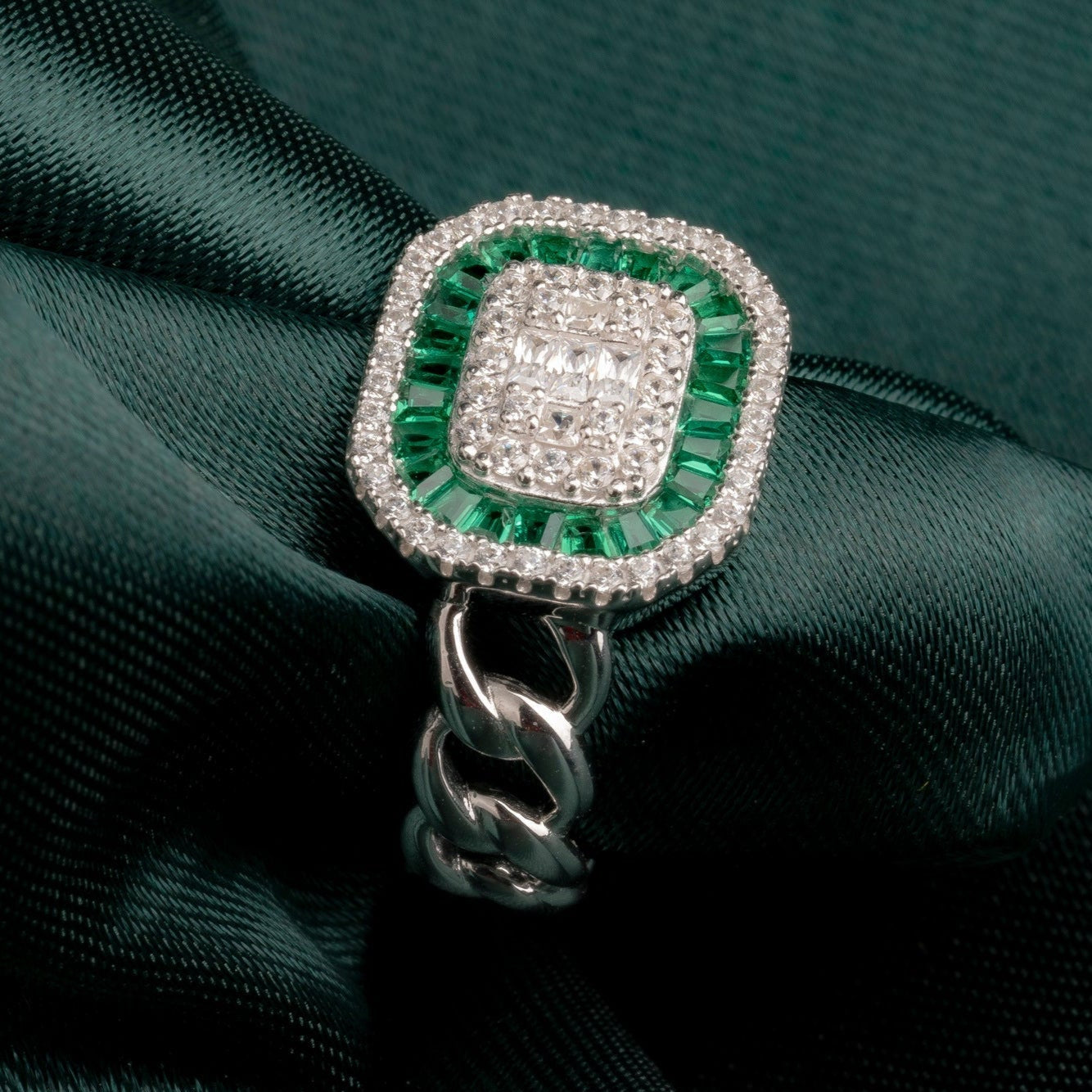 Emerald Baguette Halo Cocktail Ring