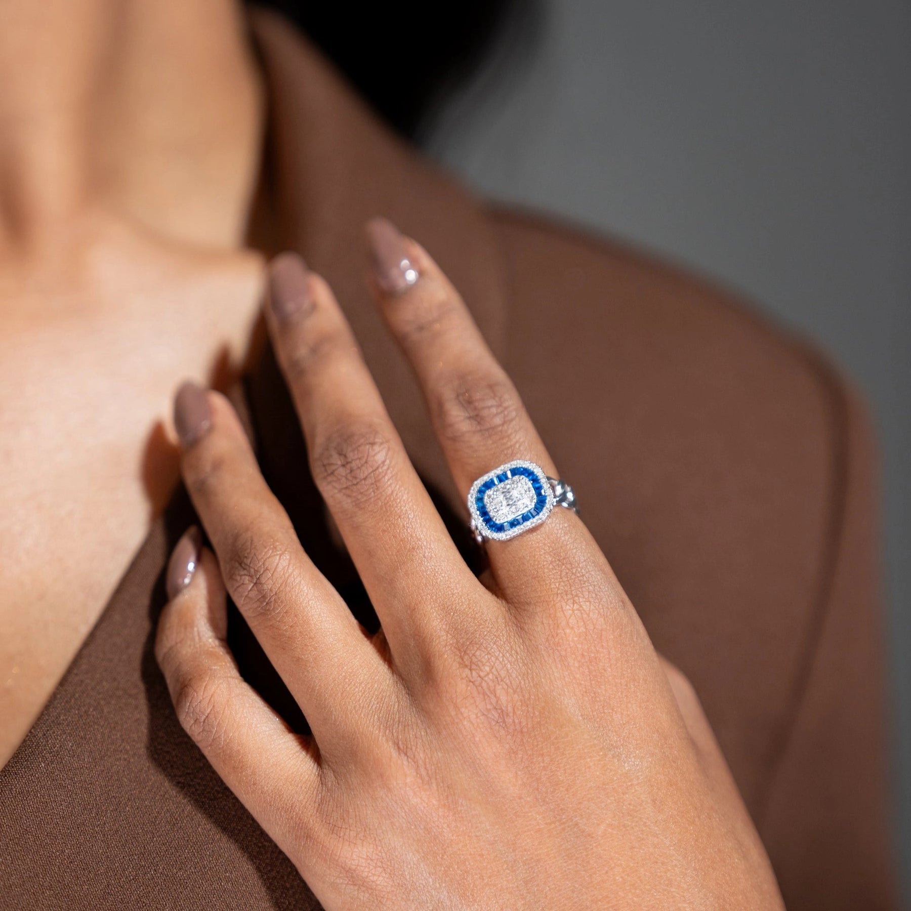 Sapphire Baguette Halo Cocktail Ring