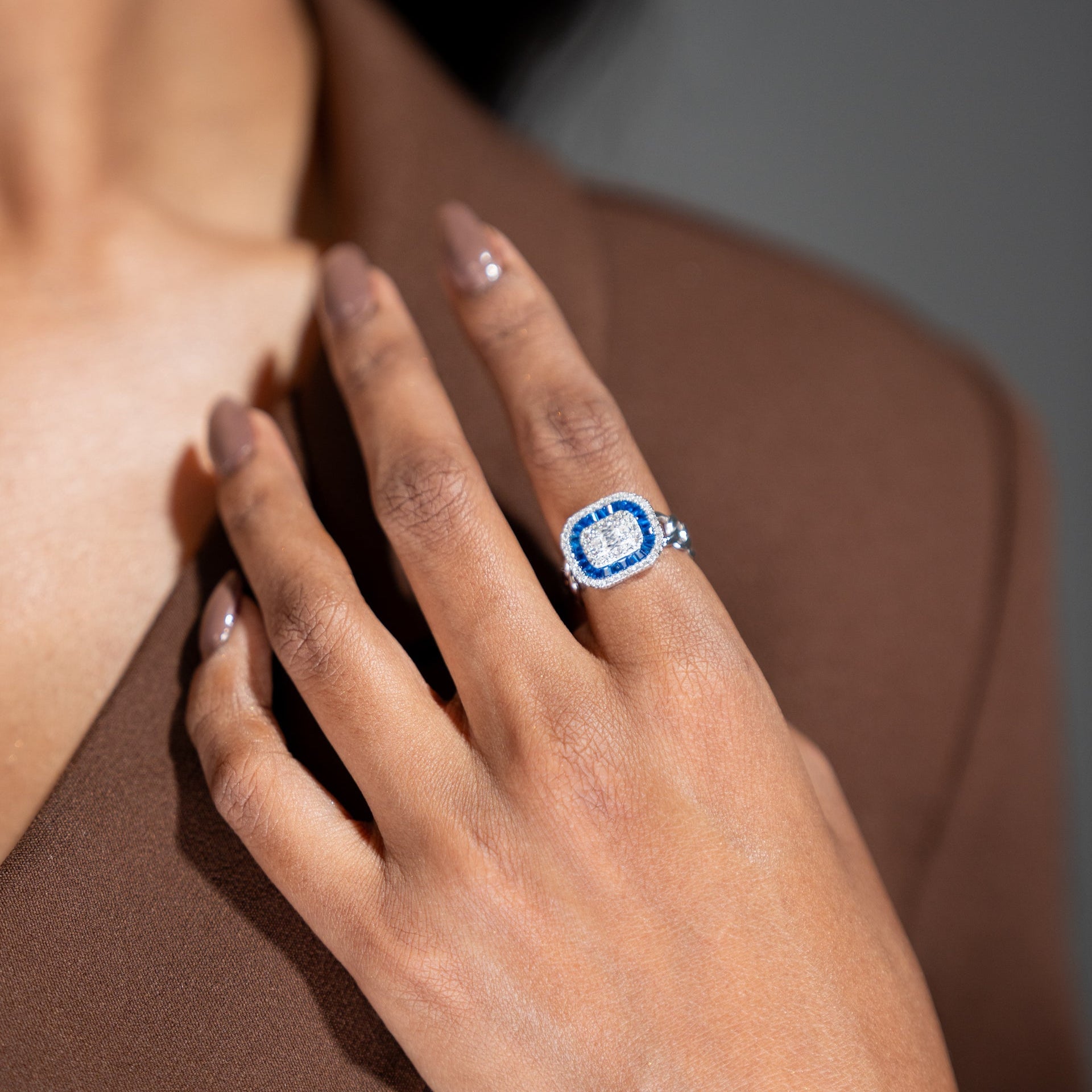 Sapphire Baguette Halo Cocktail Ring