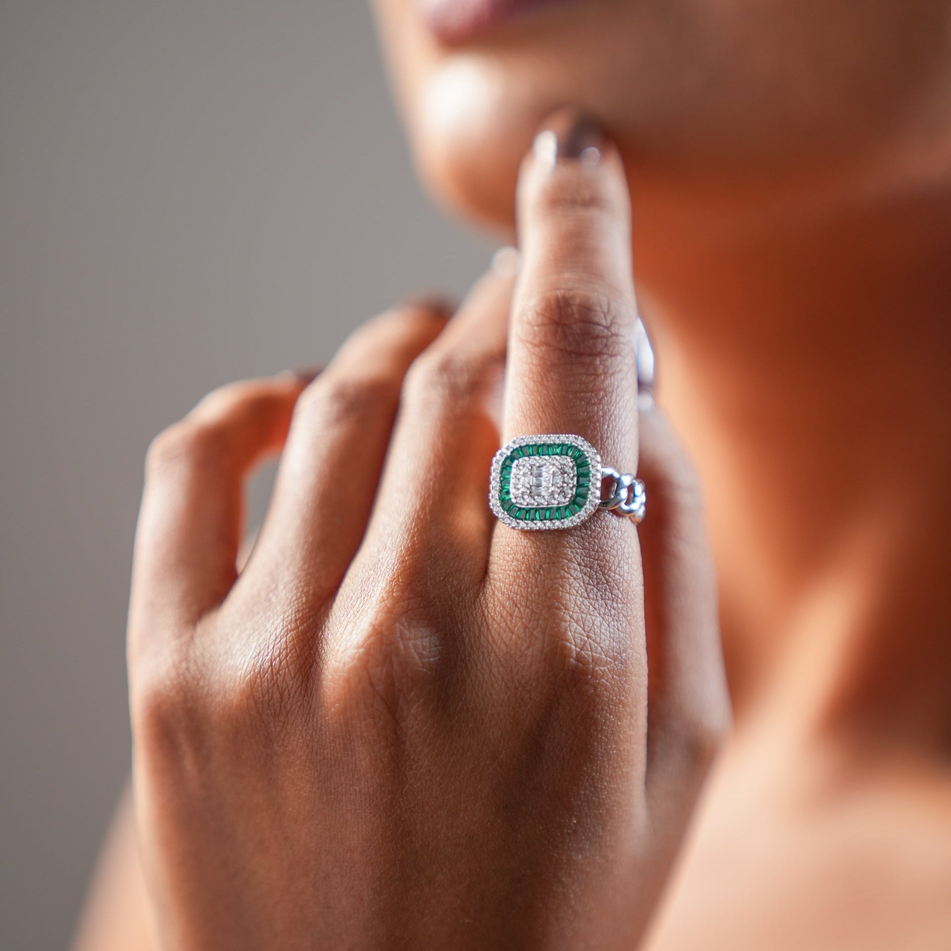 Emerald Baguette Halo Cocktail Ring
