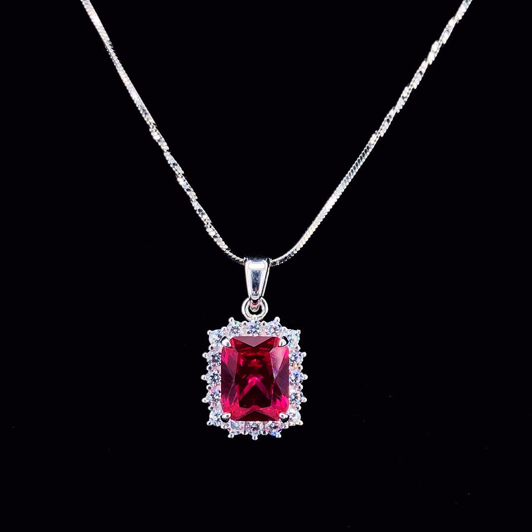 Ruby Princess Cut Halo Chain Pendant