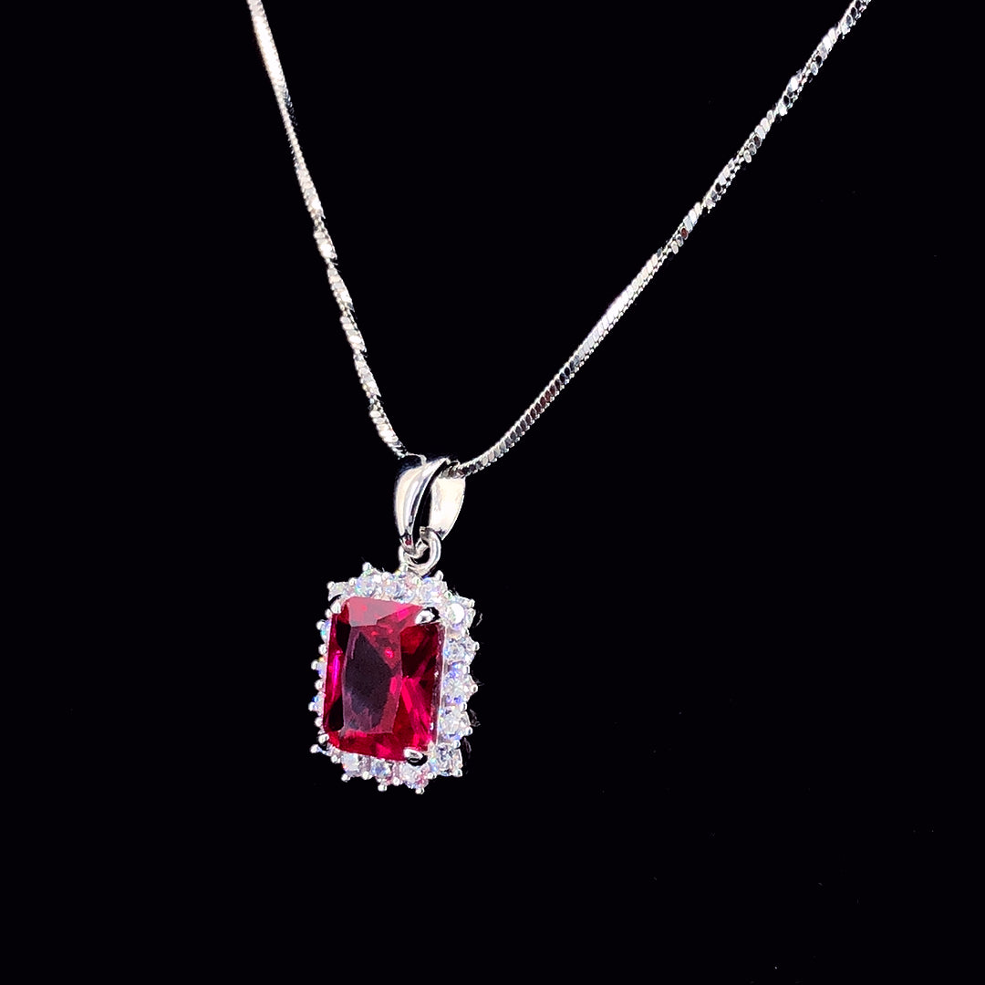 Ruby Princess Cut Halo Chain Pendant