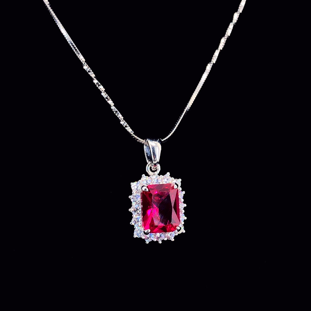 Ruby Princess Cut Halo Chain Pendant