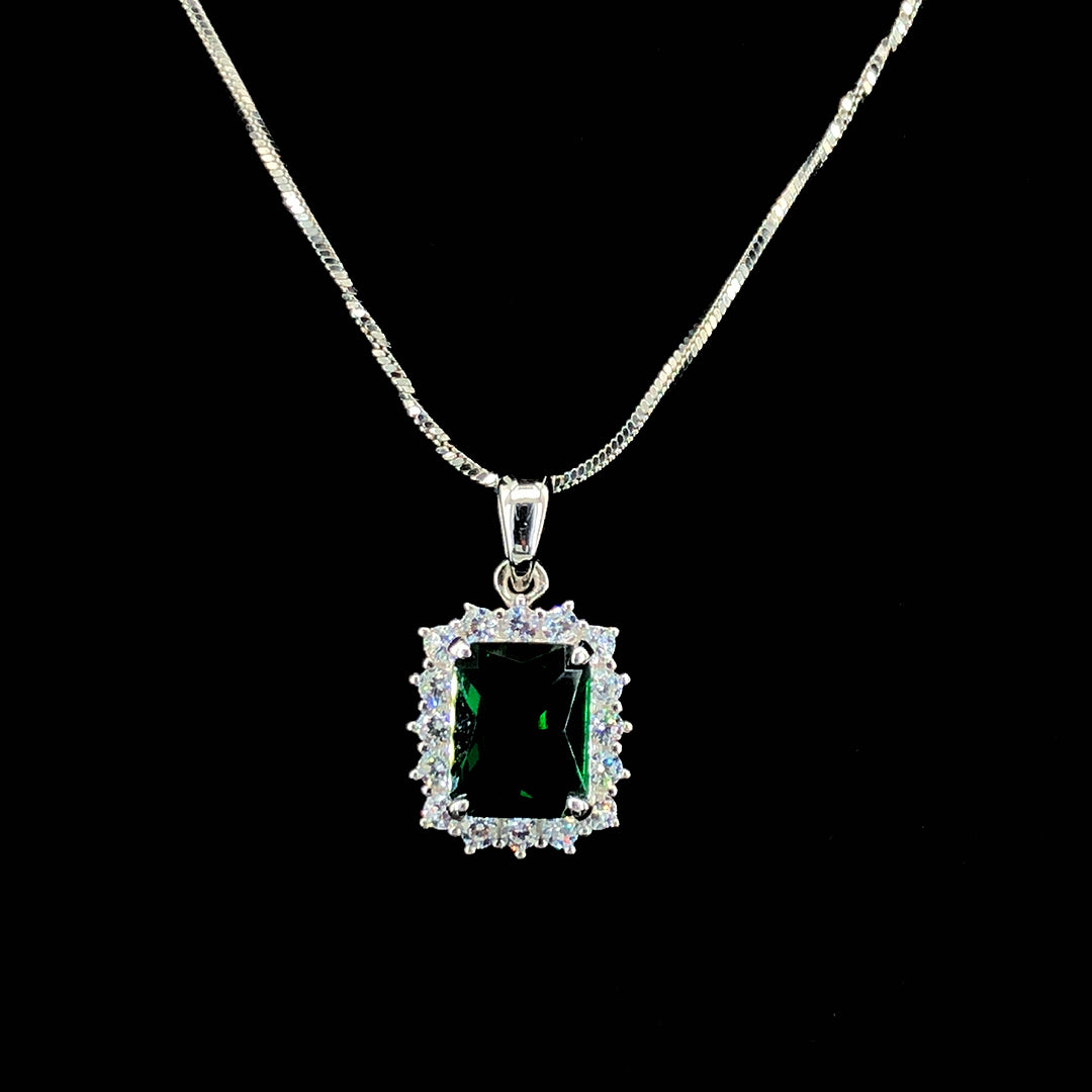 Emerald Princess Cut Halo Chain Pendant