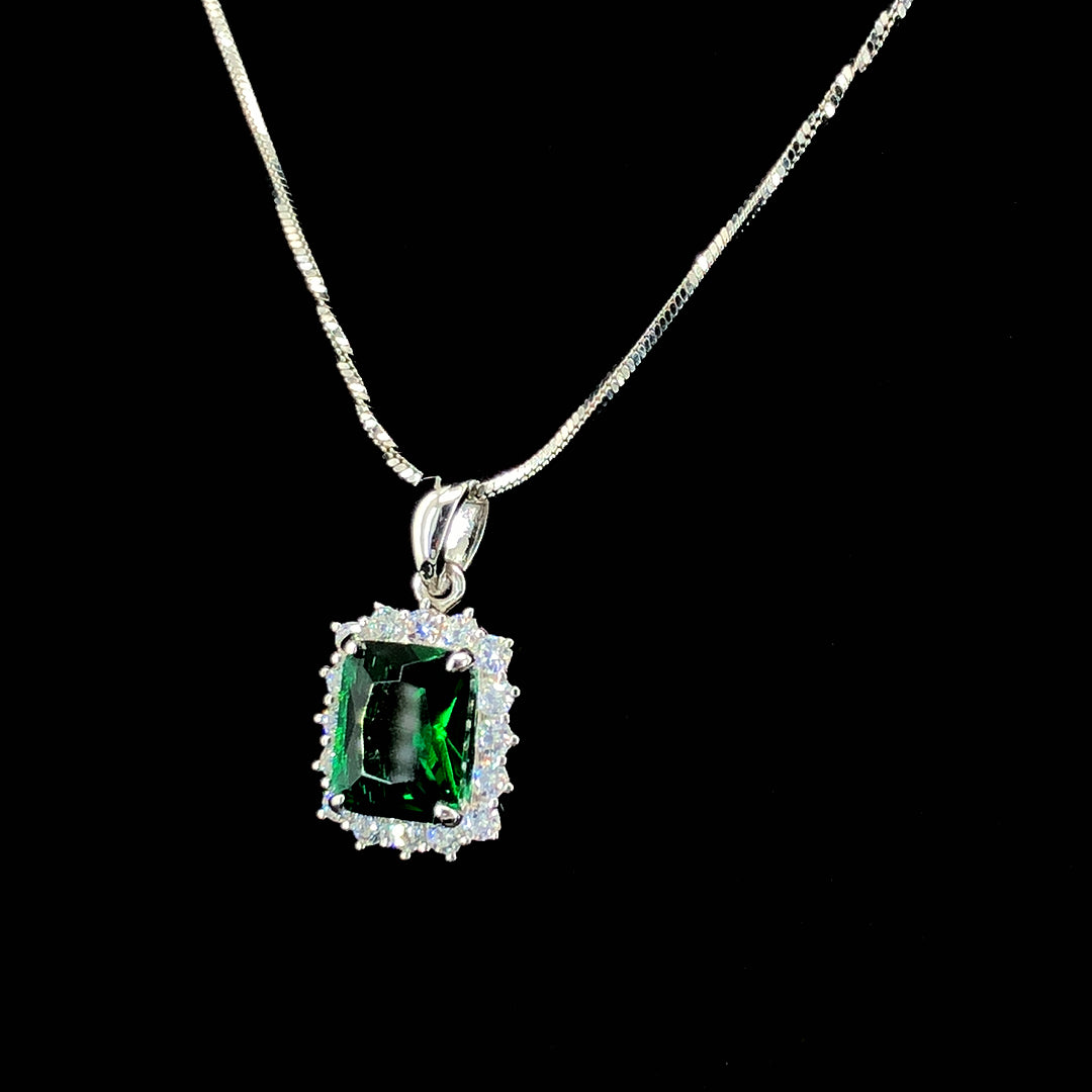 Emerald Princess Cut Halo Chain Pendant