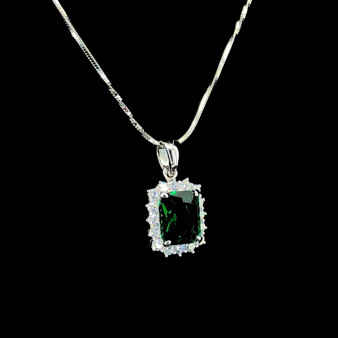 Emerald Princess Cut Halo Chain Pendant