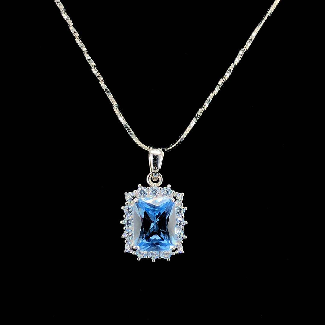 Aqua Princess Cut Halo Chain Pendant