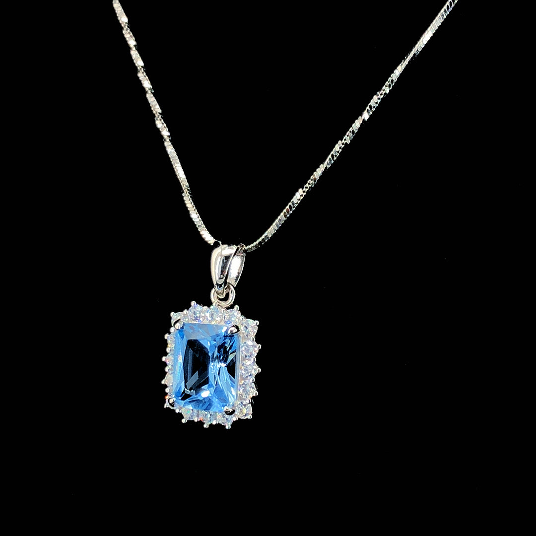 Aqua Princess Cut Halo Chain Pendant
