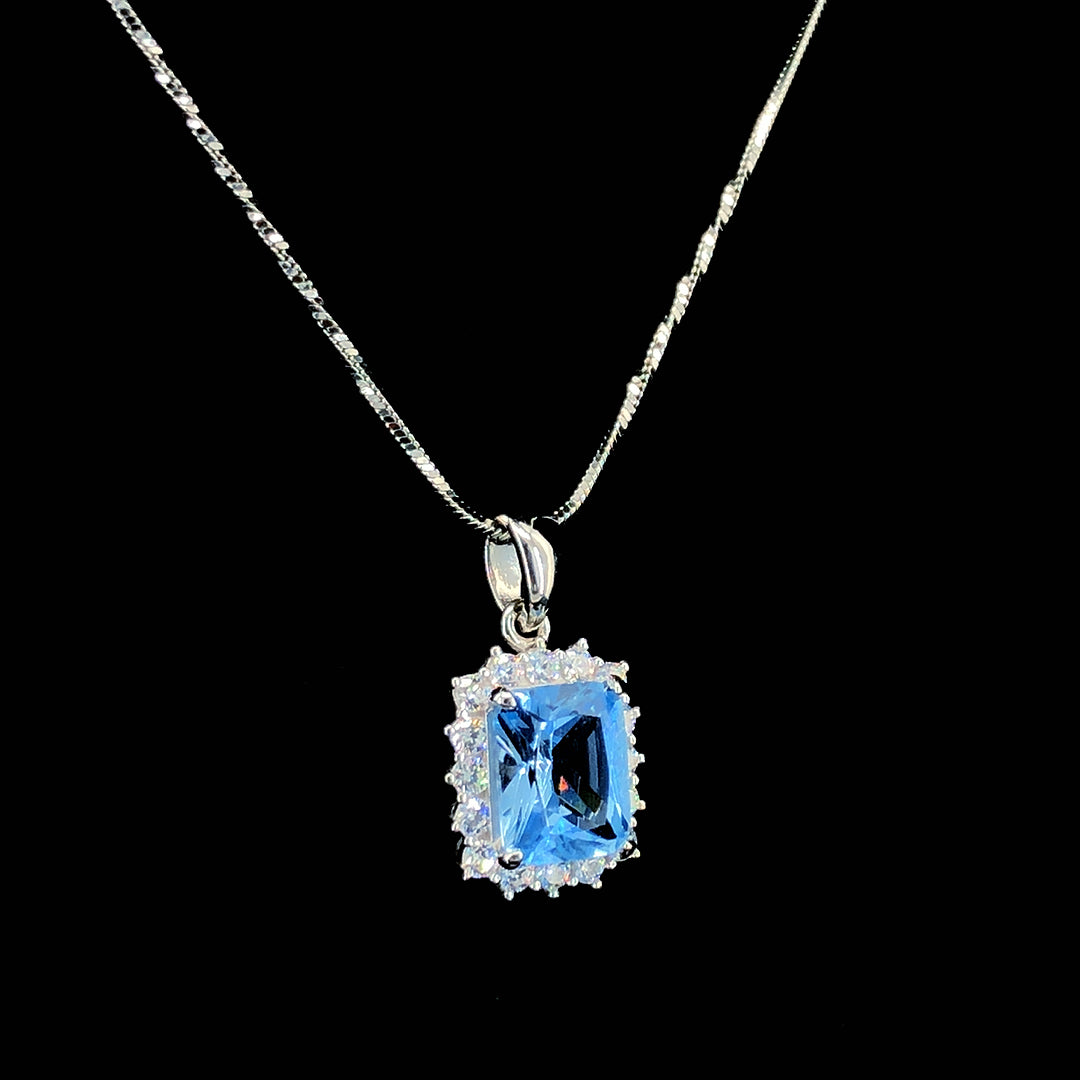 Aqua Princess Cut Halo Chain Pendant