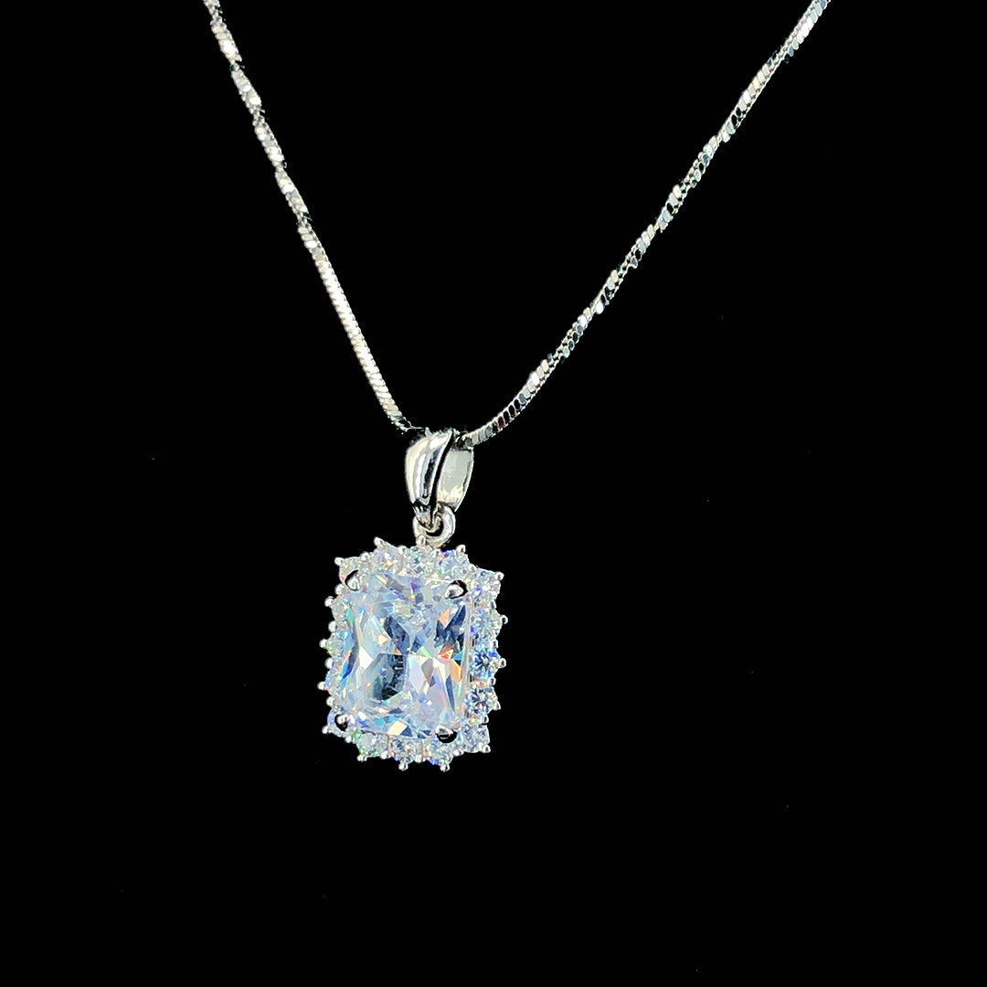 White Princess Cut Halo Chain Pendant