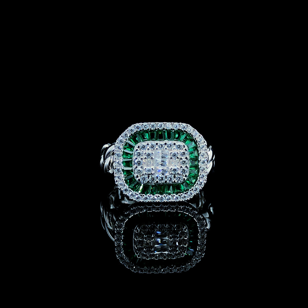 Emerald Baguette Halo Cocktail Ring