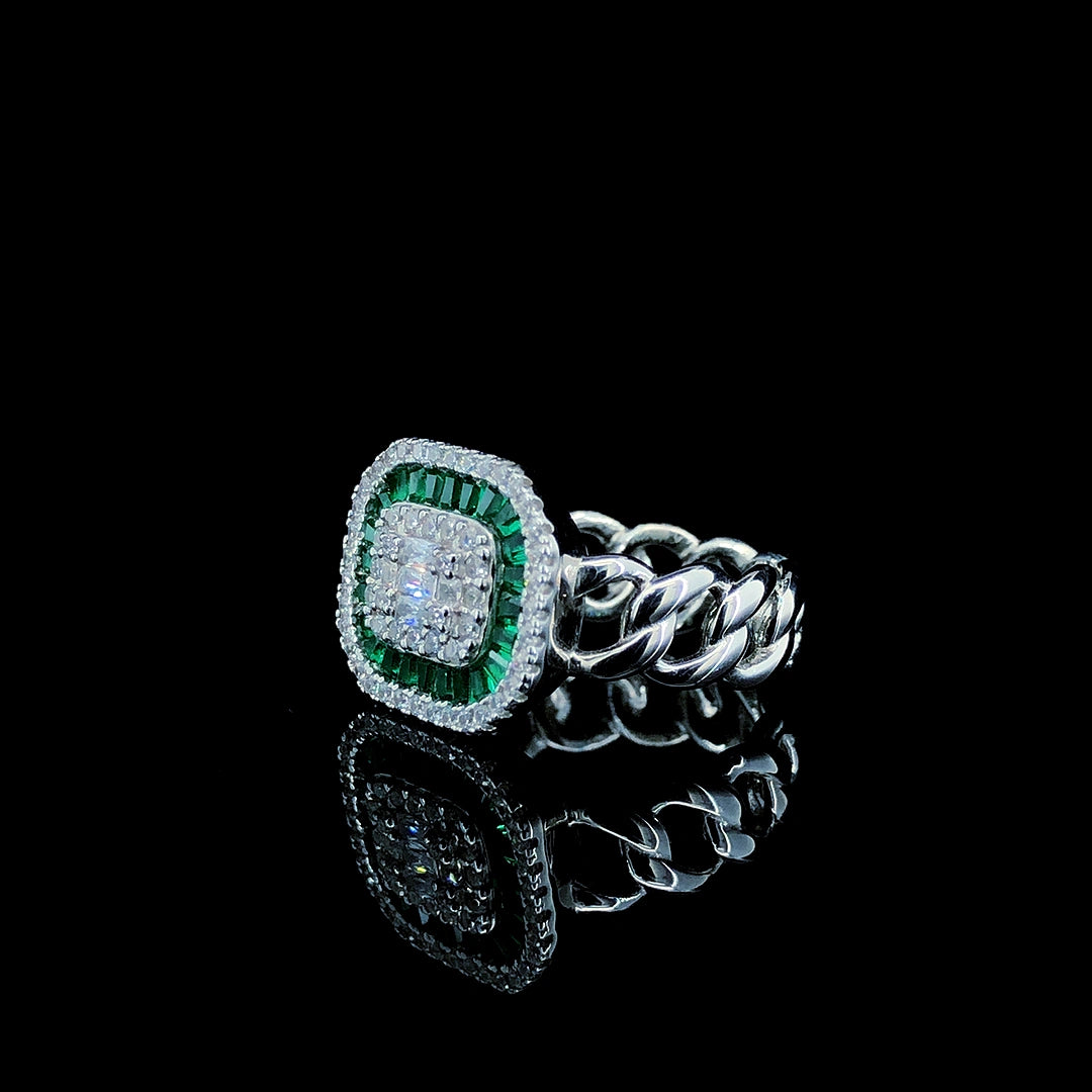 Emerald Baguette Halo Cocktail Ring