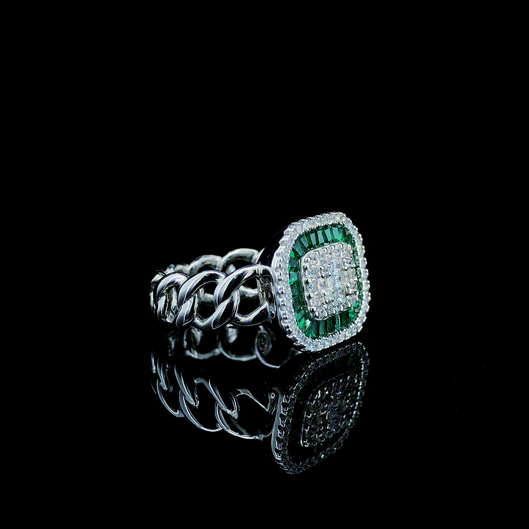 Emerald Baguette Halo Cocktail Ring