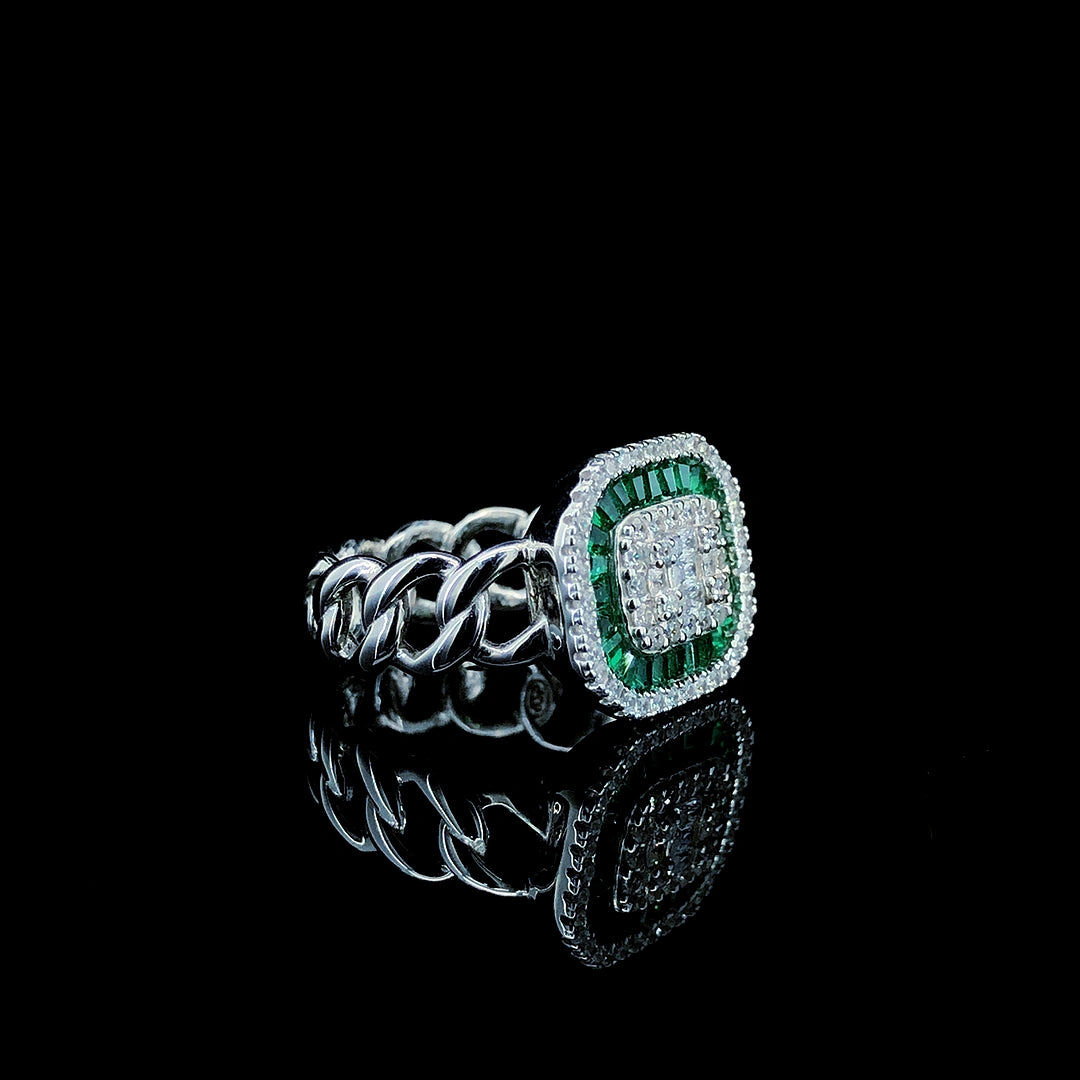 Emerald Baguette Halo Cocktail Ring