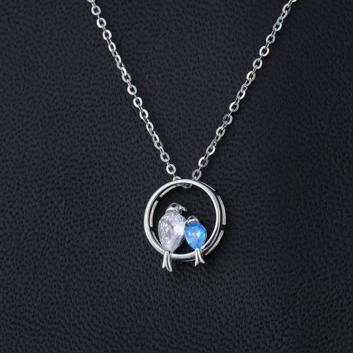 Lovebirds on a Branch 925 Silver Chain Pendant Blue