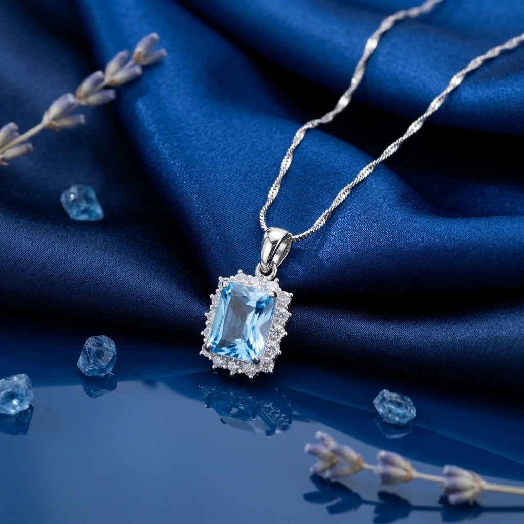 Aqua Princess Cut Halo Pendant